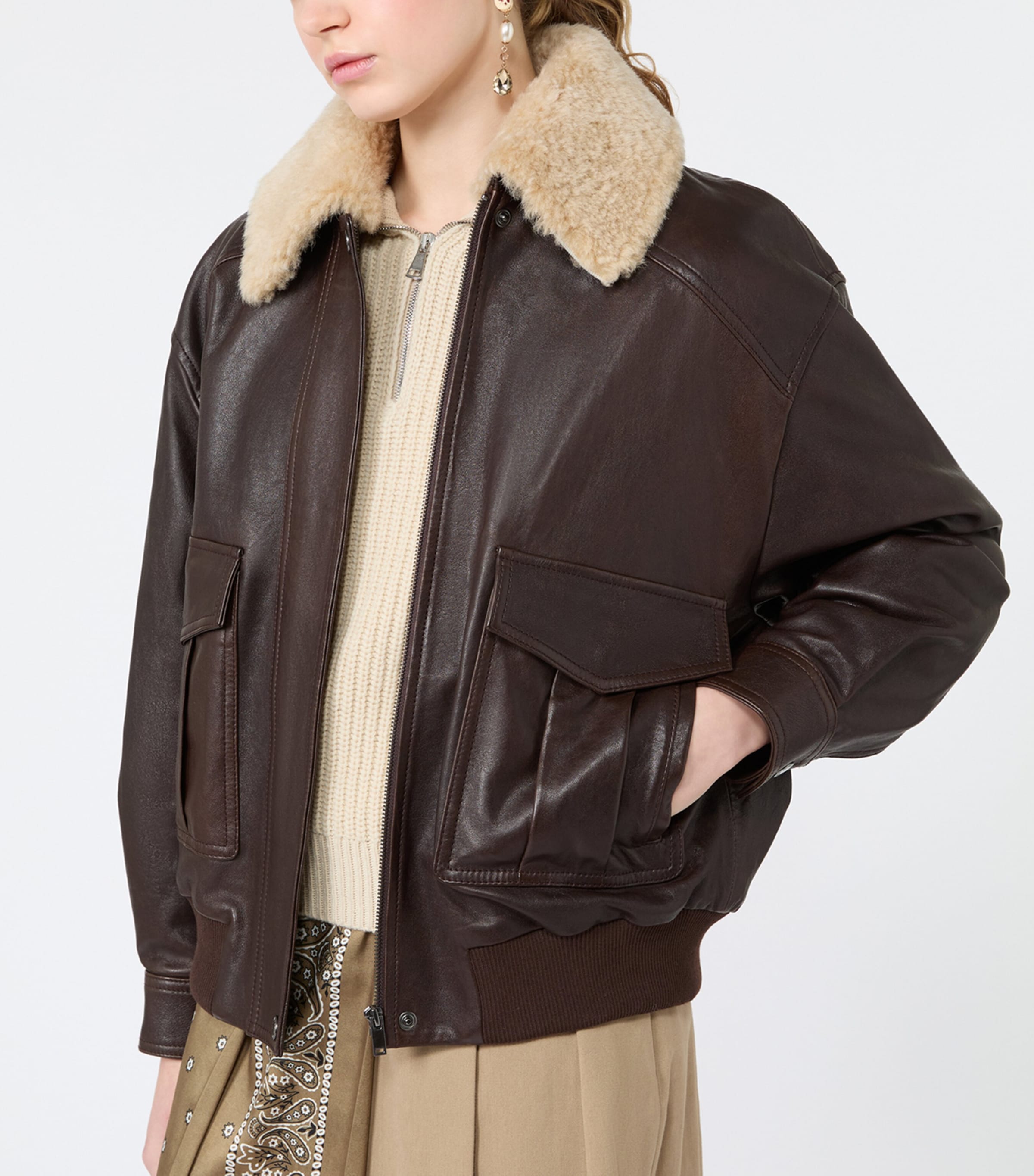 Weekend Max Mara Womens Leather Fur-Trim Jacket Dark Bown Image 5