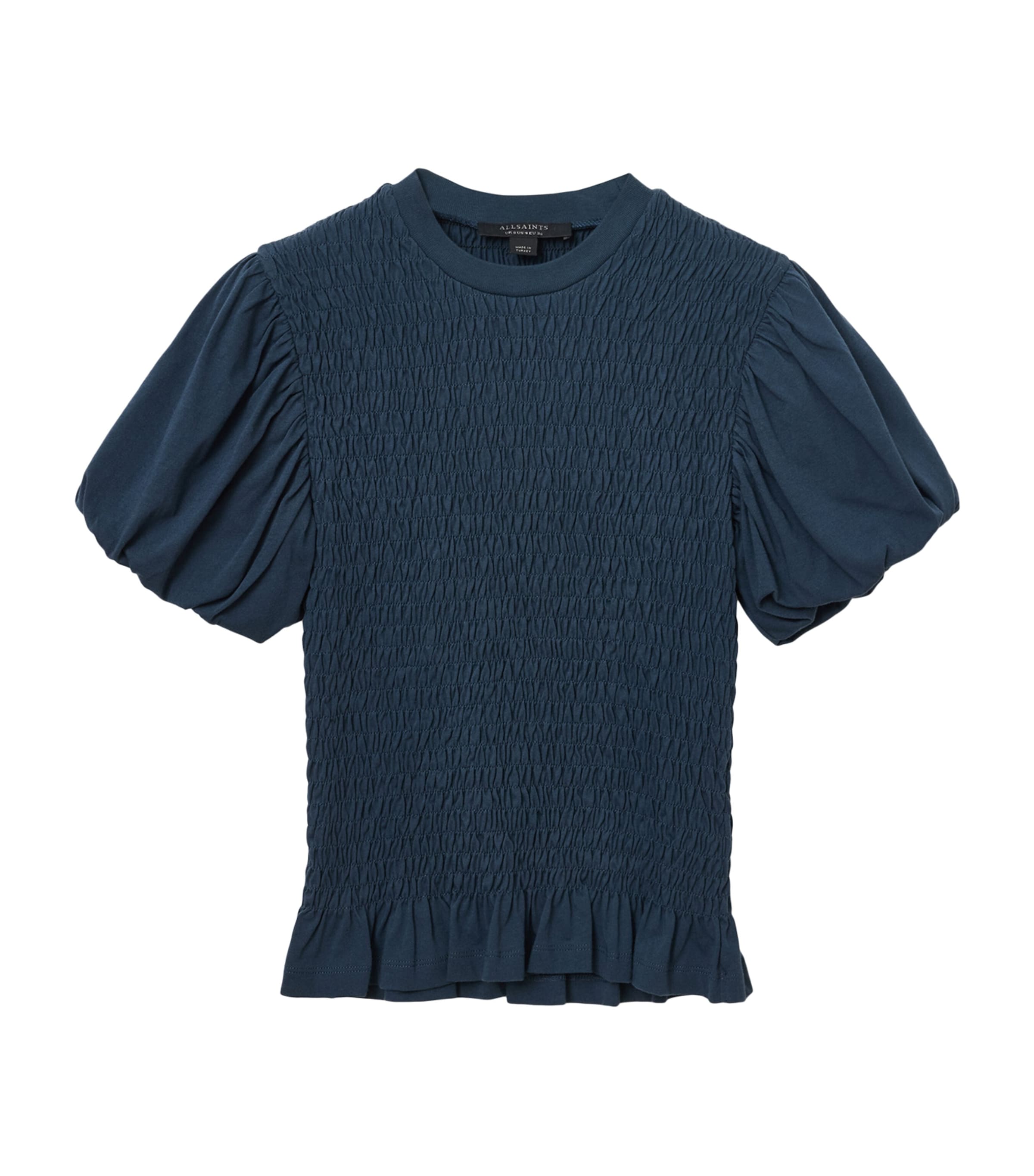 Allsaints Womens Midnight Blue Dael Puff-sleeve Slim-fit Smocked Stretch-woven Top Xs In Blue
