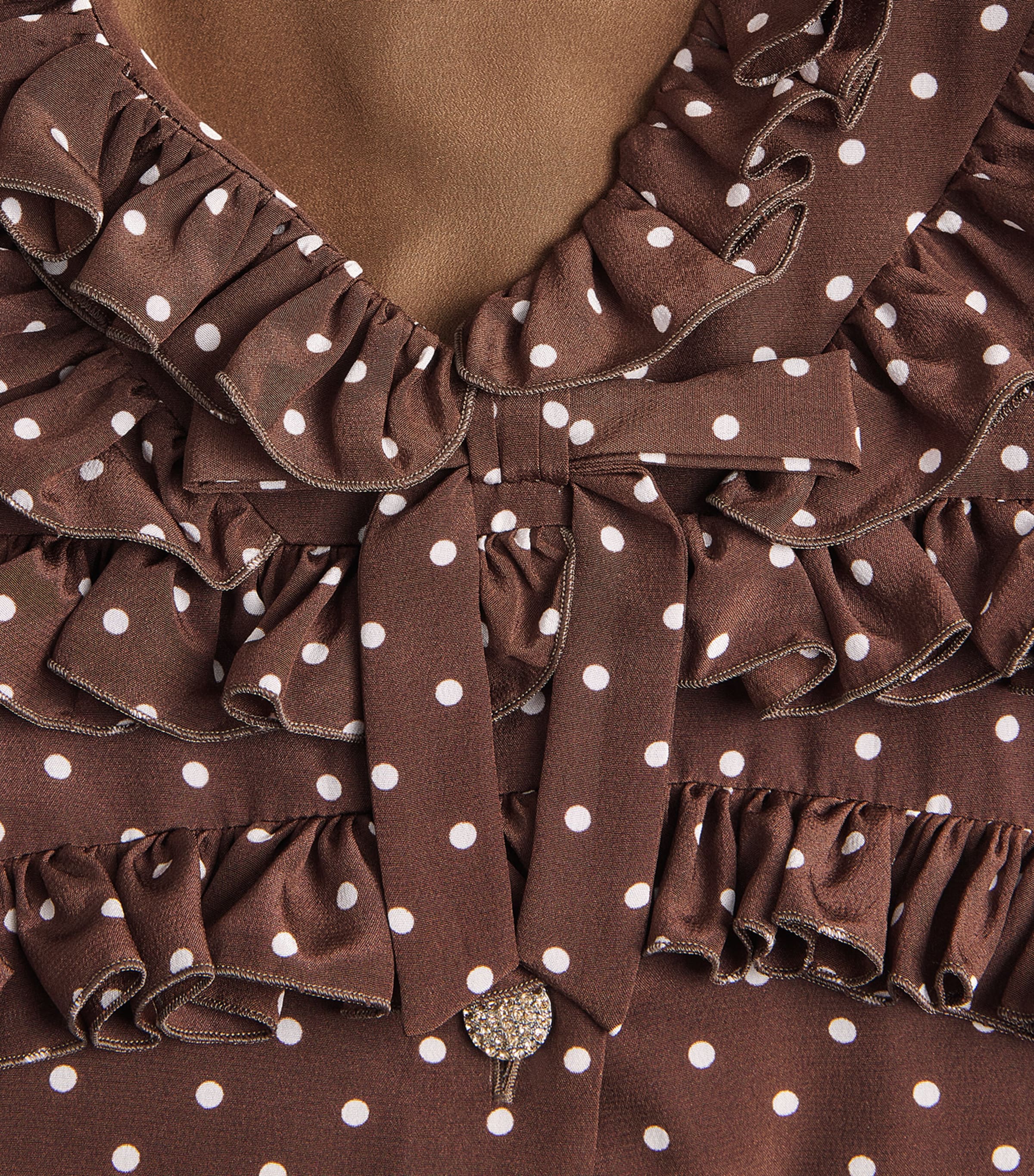 Alessandra Rich Womens Silk Crepe De Chine Ruffled Mini Dress Brown White Image 6