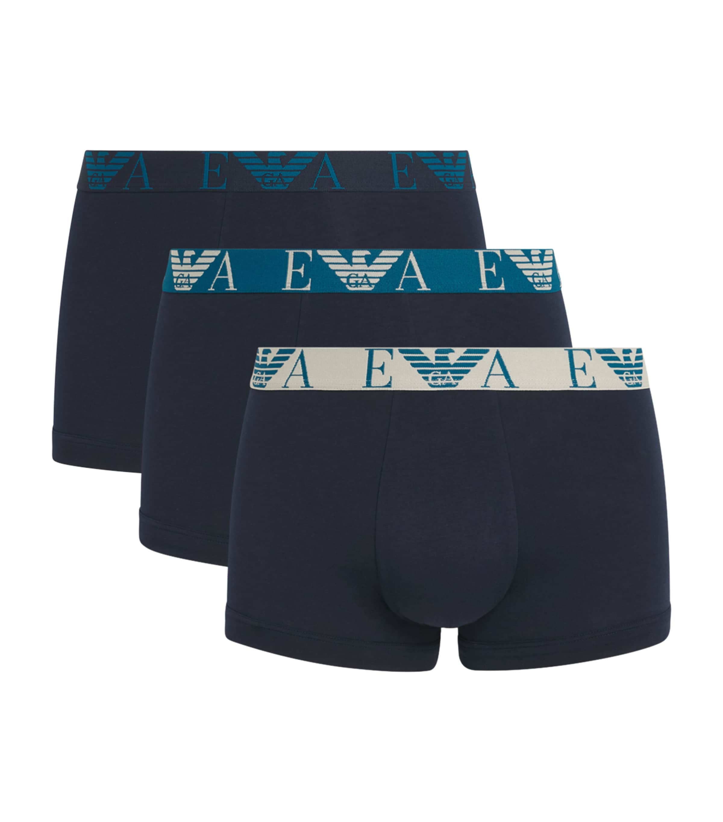 Emporio Armani Mens Stretch-Cotton Eagle Monogram Trunks (Pack of 3) Blu/blu/b Image 1