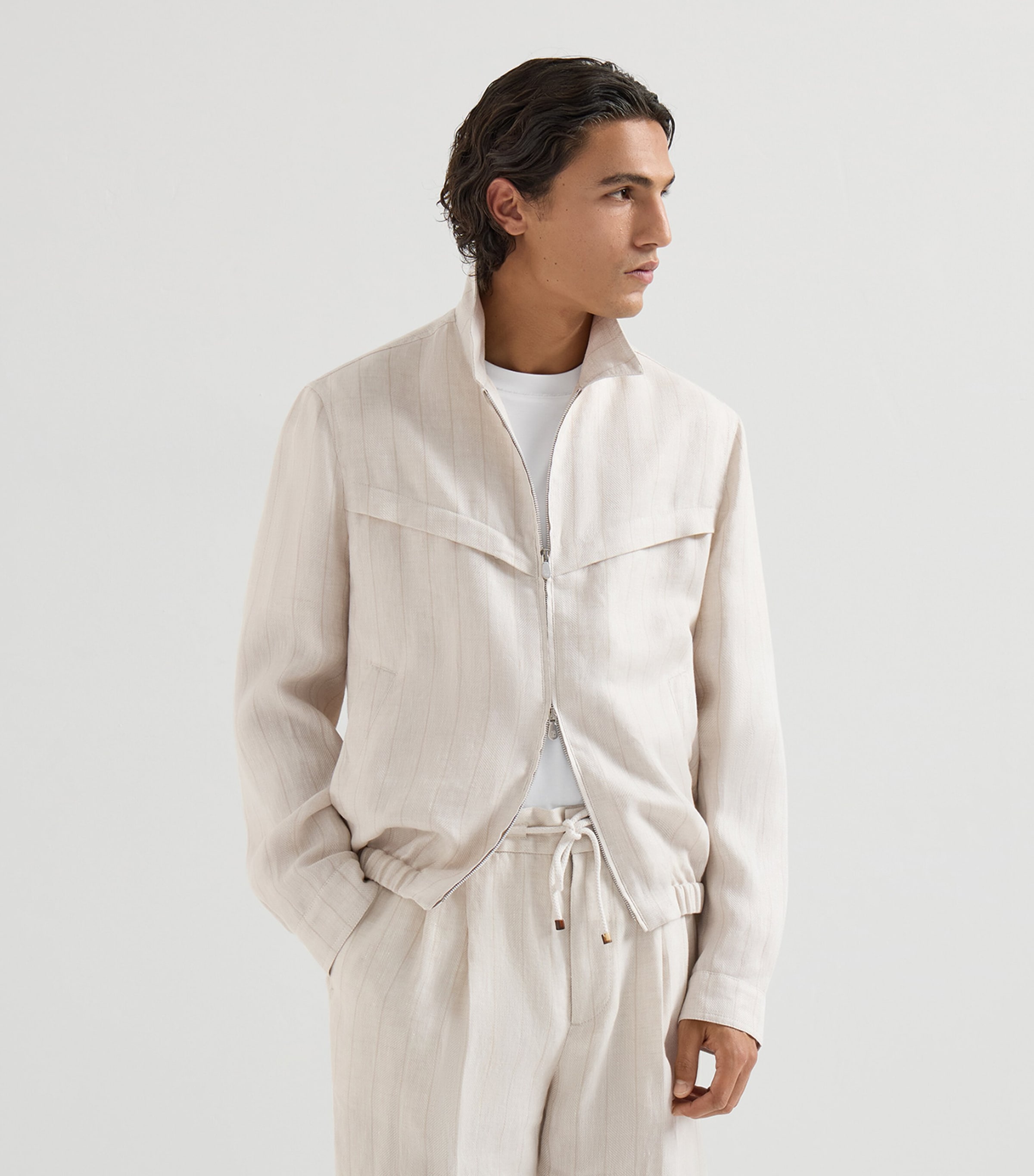 Brunello Cucinelli Mens Linen Pinstripe Bomber Jacket Image 2