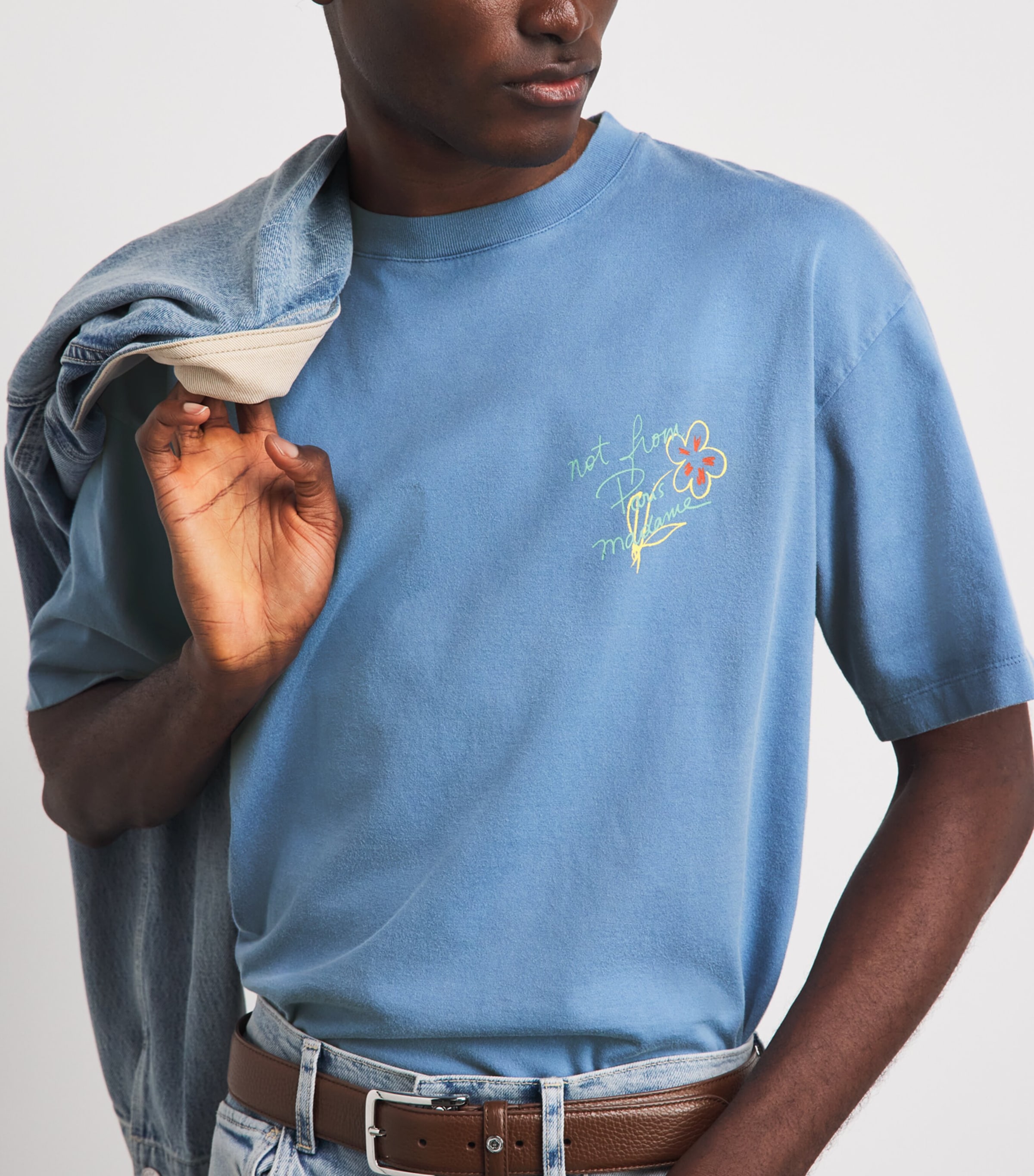 Drôle de Monsieur Mens Cotton Esquisse Slogan T-Shirt Light Blue Image 3