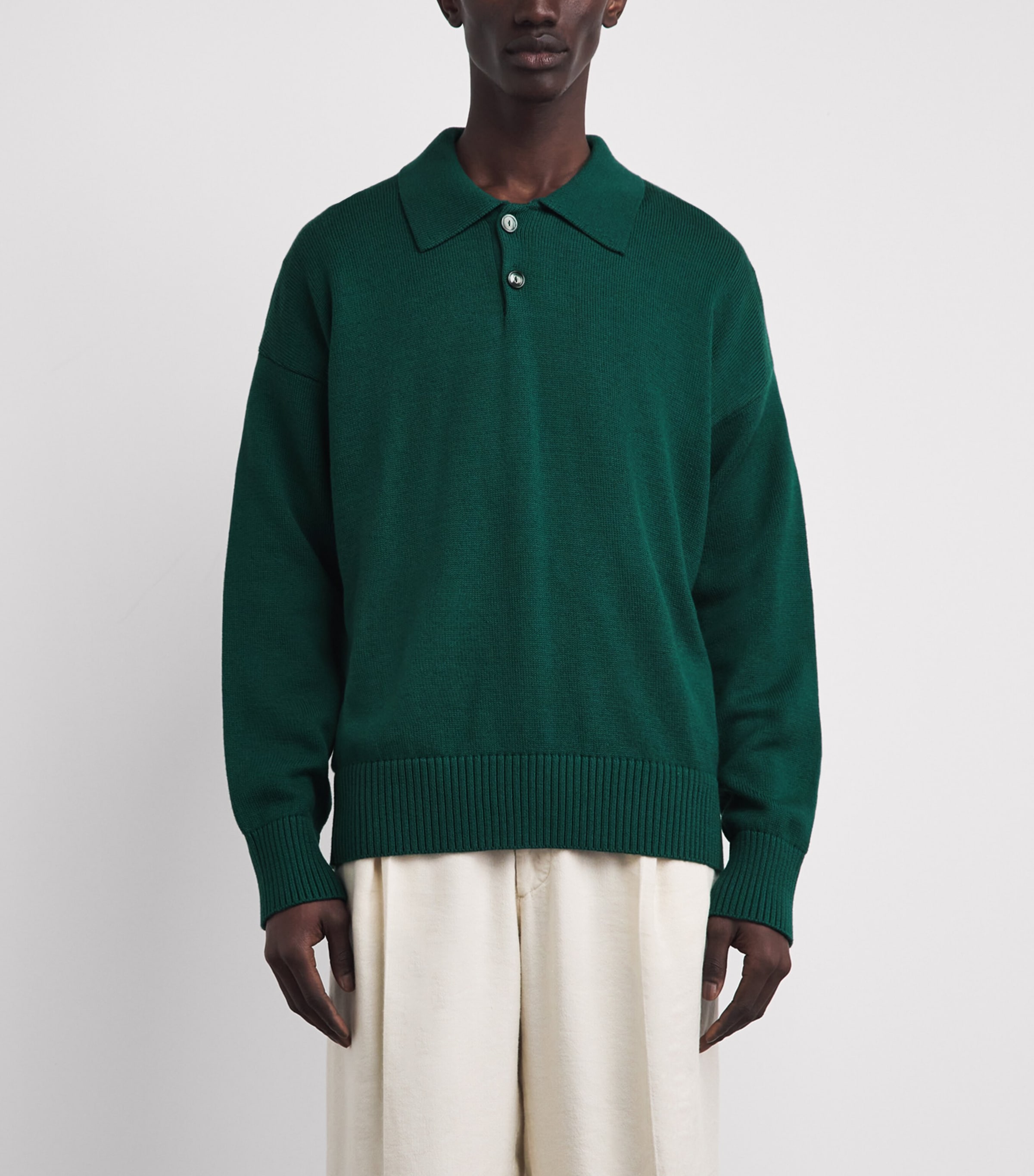 AMI Paris Mens Wool-Cotton Boxy Polo Sweater Vert Sapin Image 4