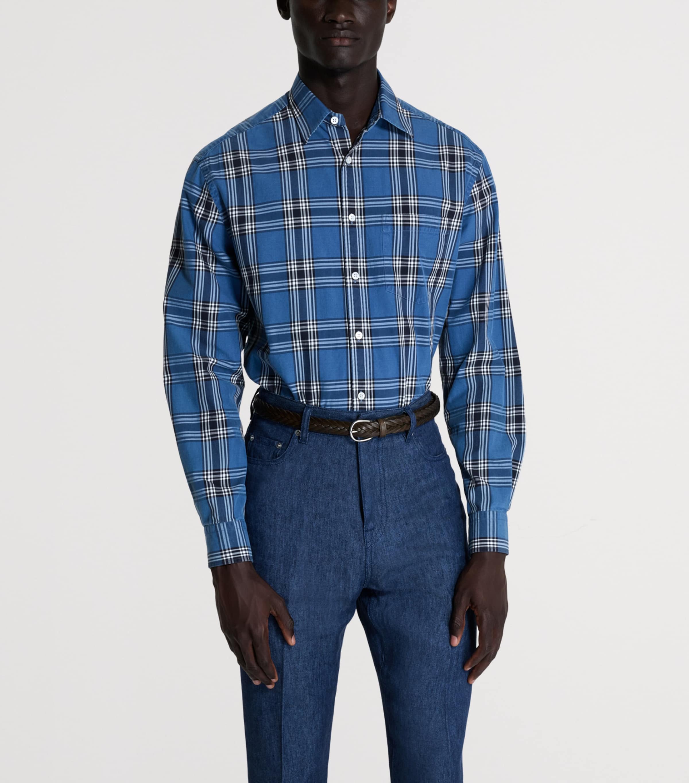 Dunhill Mens Cotton Check Print Shirt Indigo Image 4