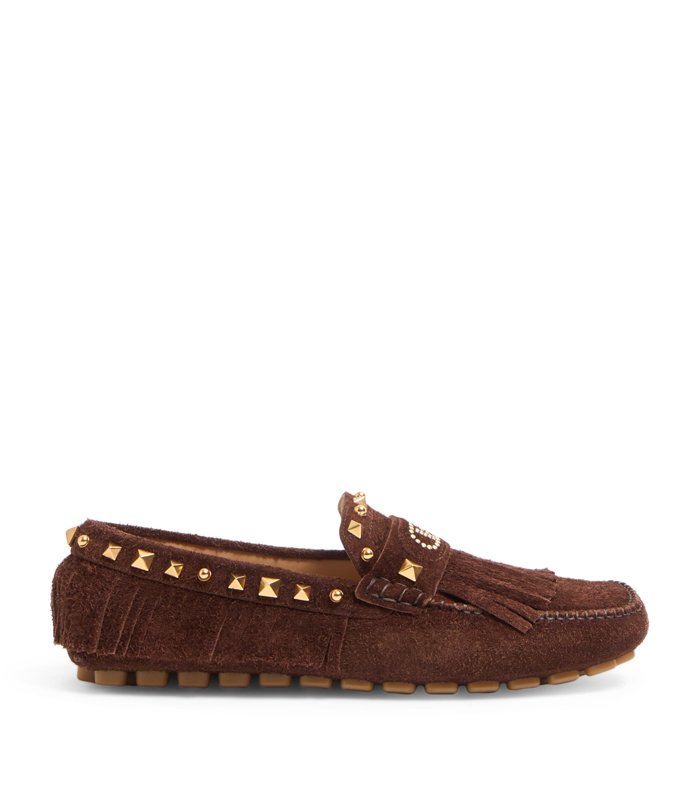 Valentino Garavani Driver Fastaway Loafer With Fringes And Decorative Studs In Brown