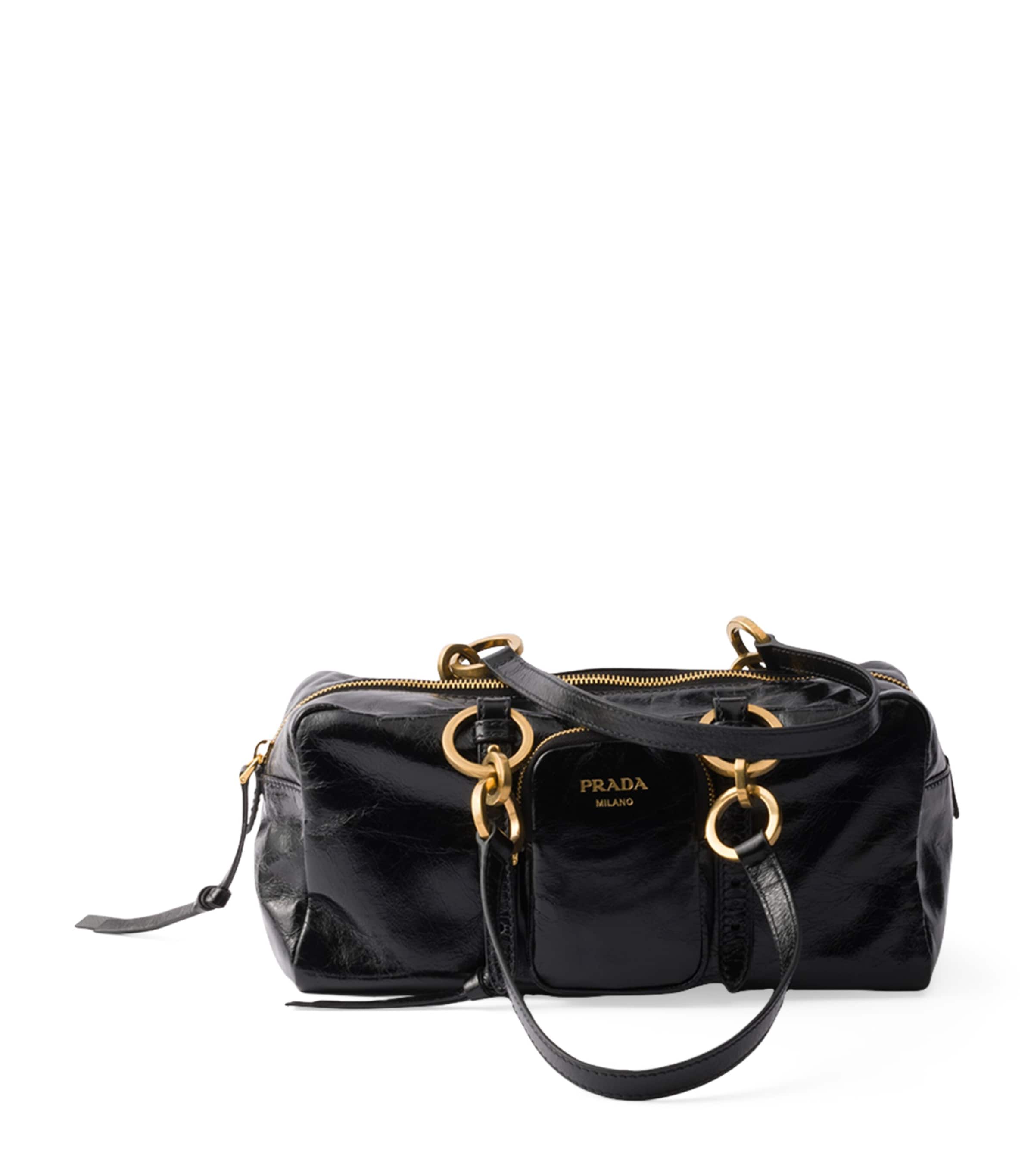 Prada Leather Handbag With Double Handles And Front Pocket In Black