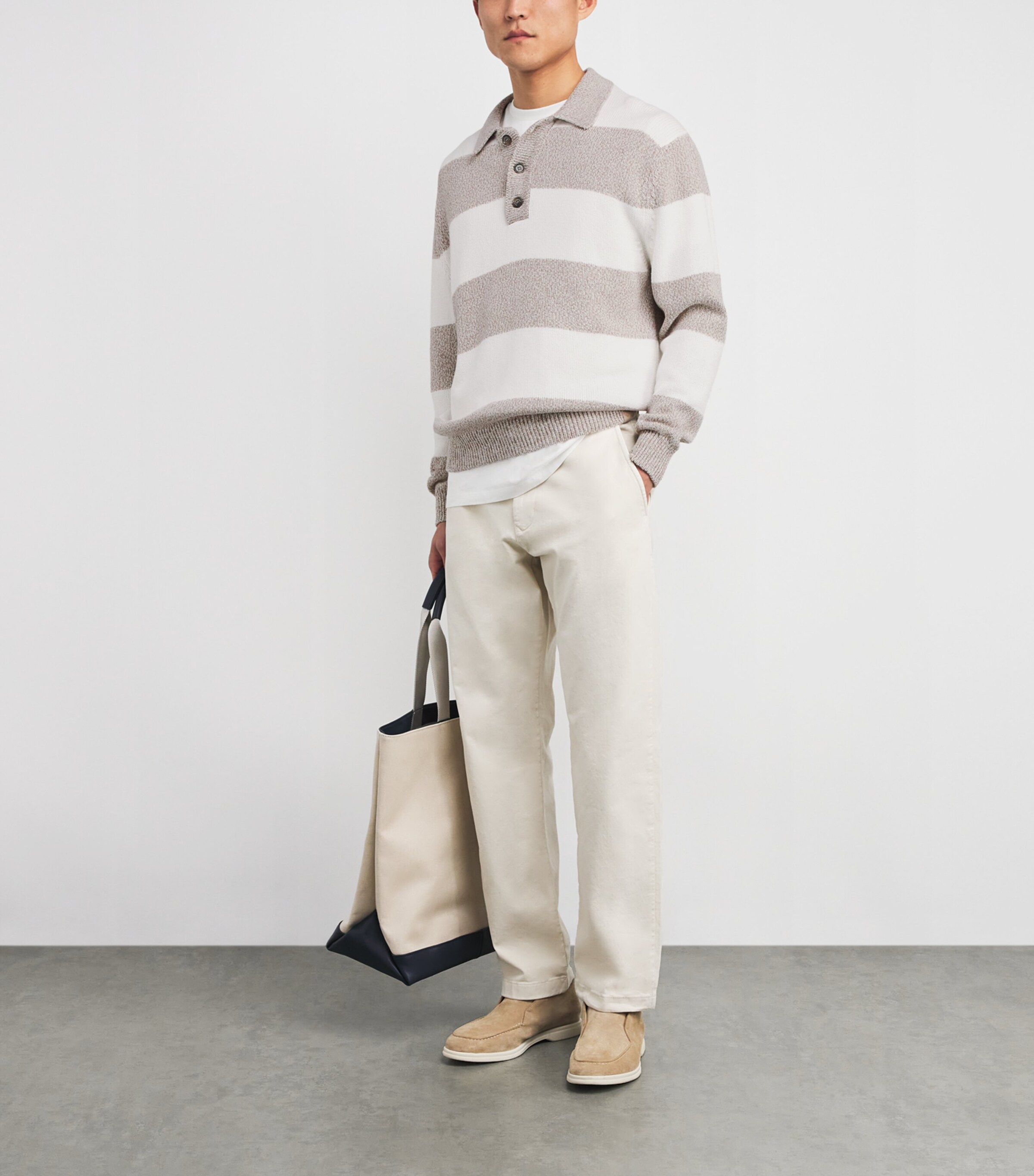 Cotton Stripe Polo Sweater 272 WHITE BEIGE Image 2