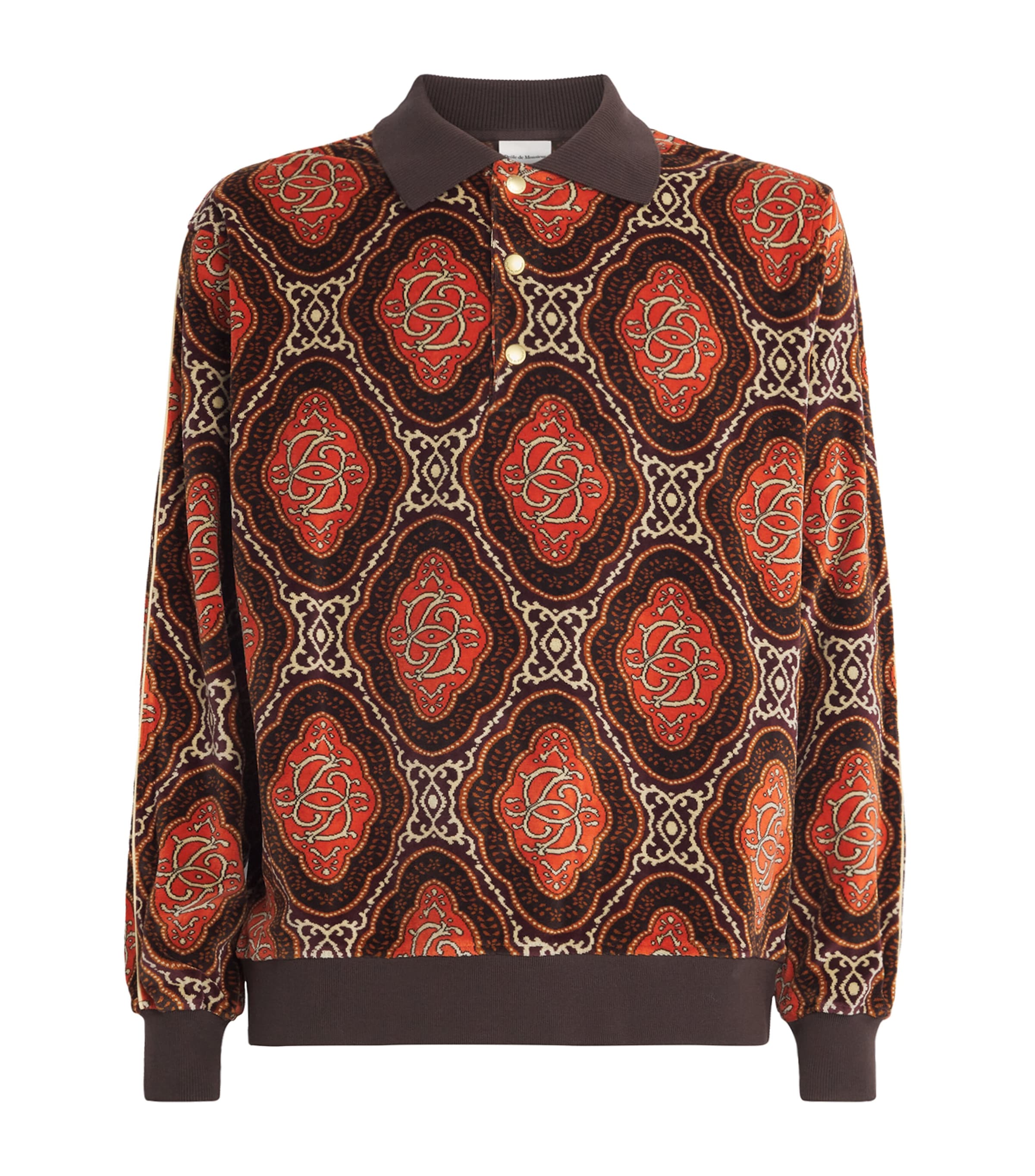 Drôle De Monsieur Cotton Velvet Médaillon Jacquard Polo Shirt In Brown