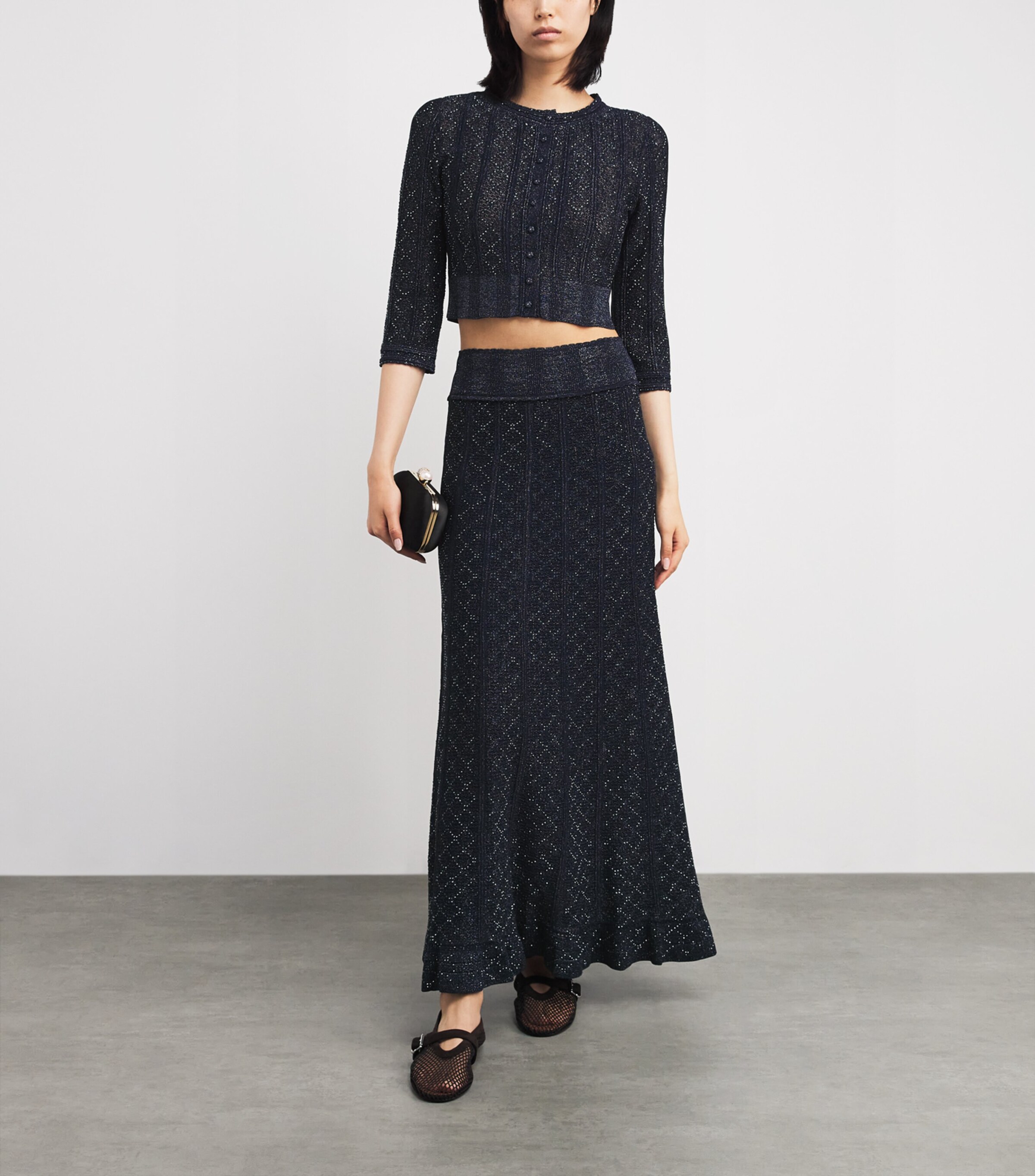 Sandro Paris Womens Embellished-Knit Cropped Cardigan Navy Blue Image 2