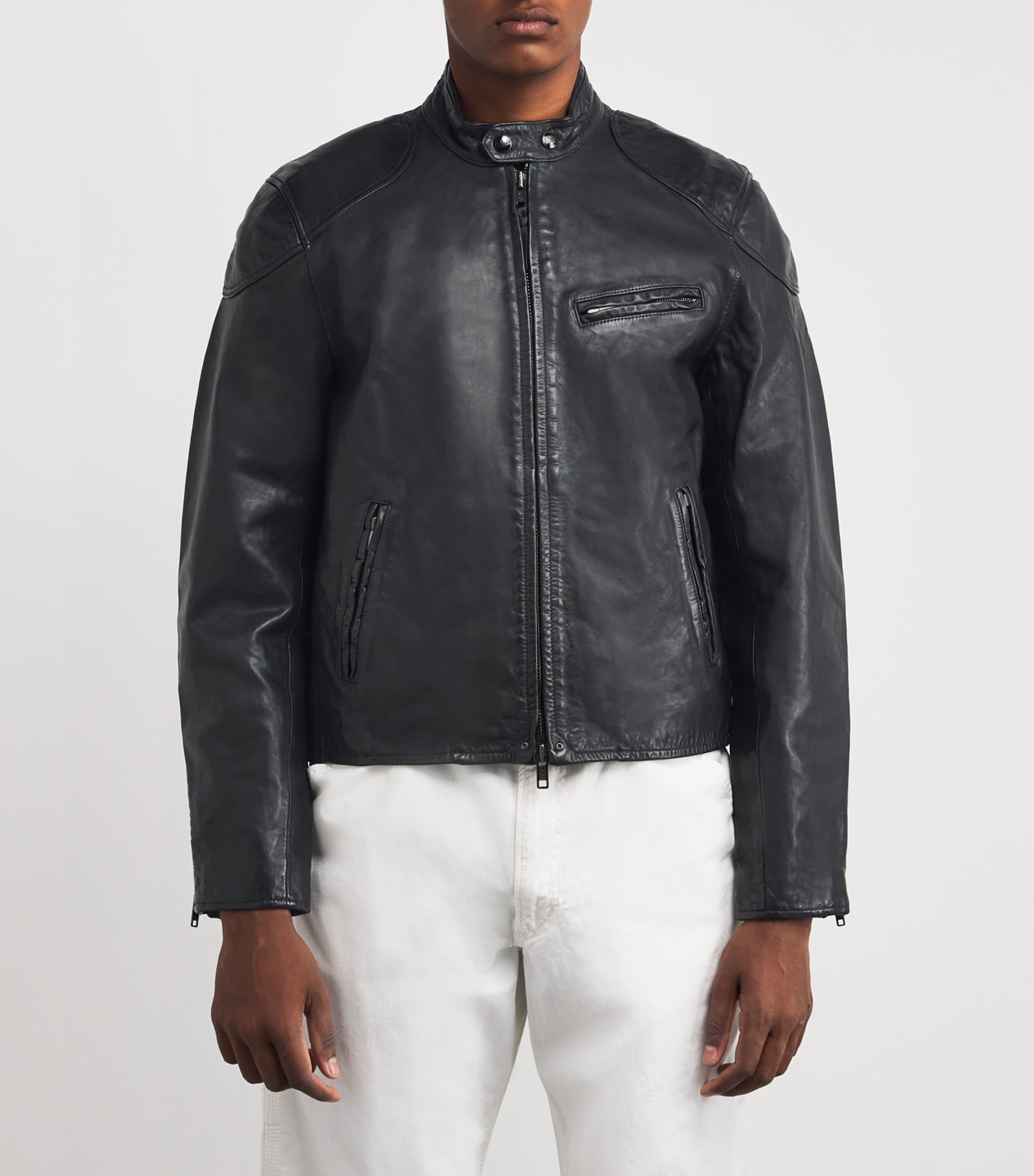 Calf Leather Solid Racing Jacket BLACK Image 3