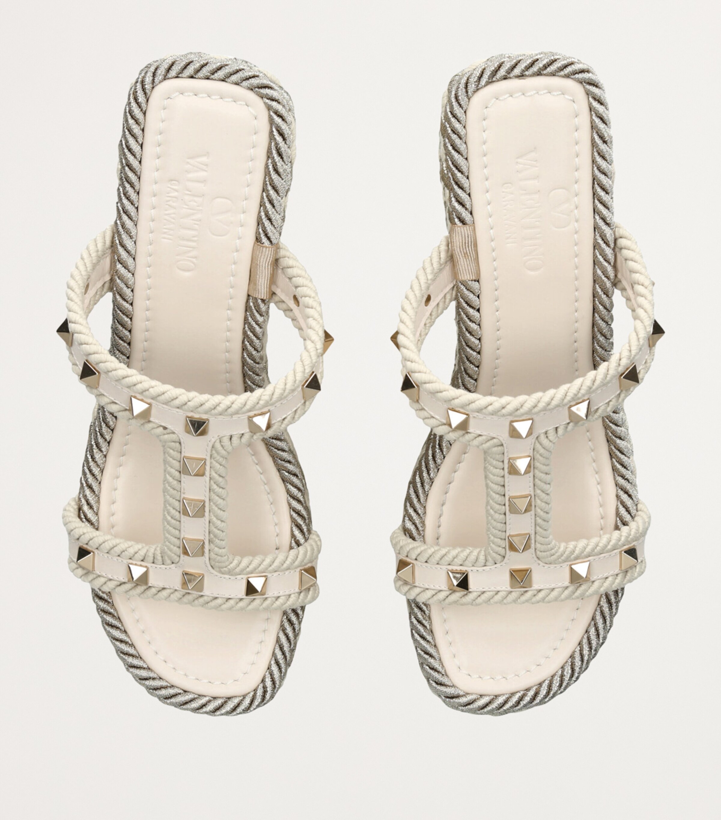 Valentino Garavani Leather Rockstud Wedge Sandals 90 Bone Image 6