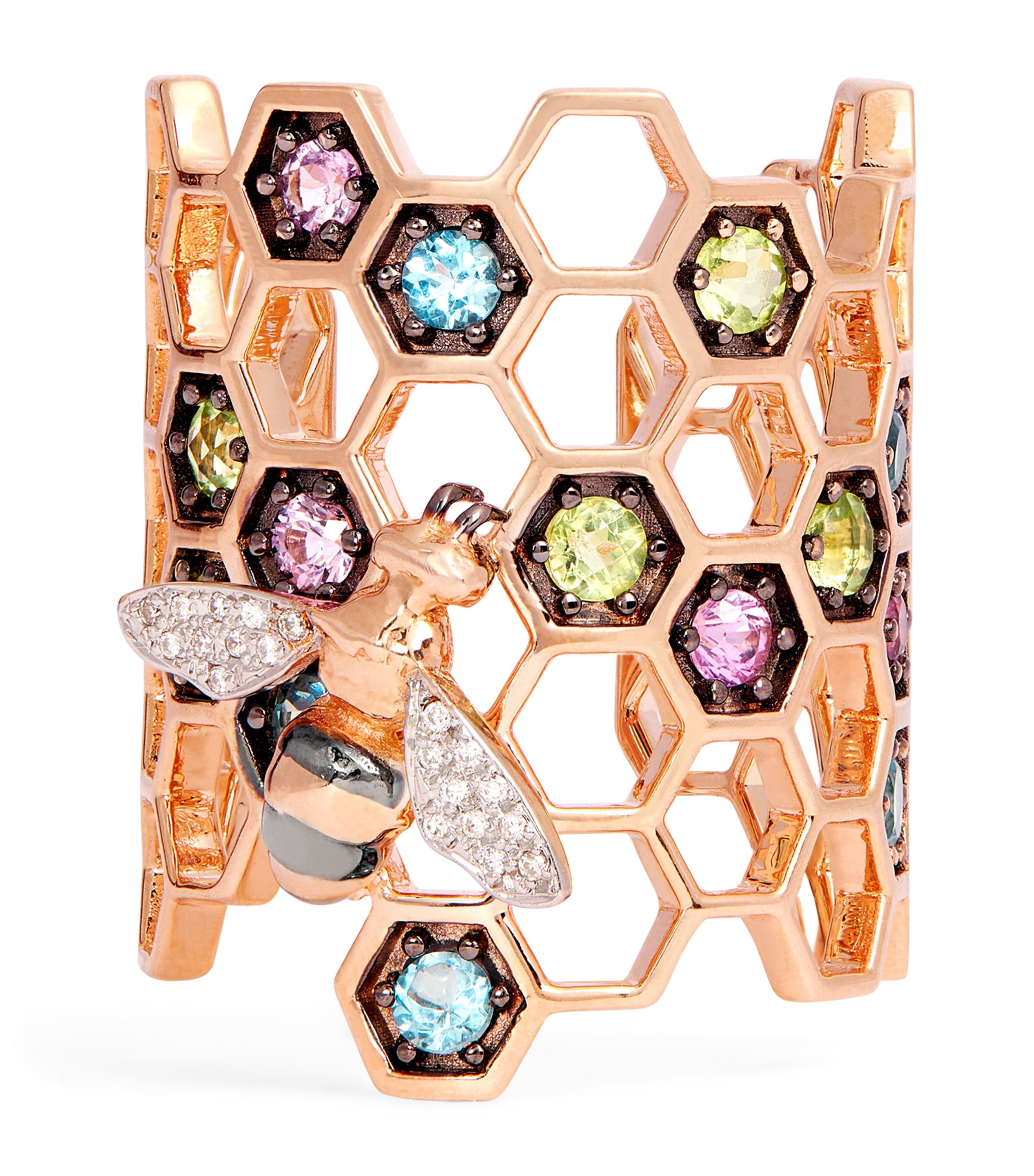 Bee Goddess Yellow Gold, Diamond And Mixed Stone Honeycomb Ring In Rose Gold
