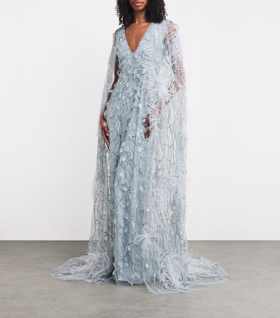Pamella Roland Womens Tulle Ostrich Feather-Embellished Gown Blue Image 2