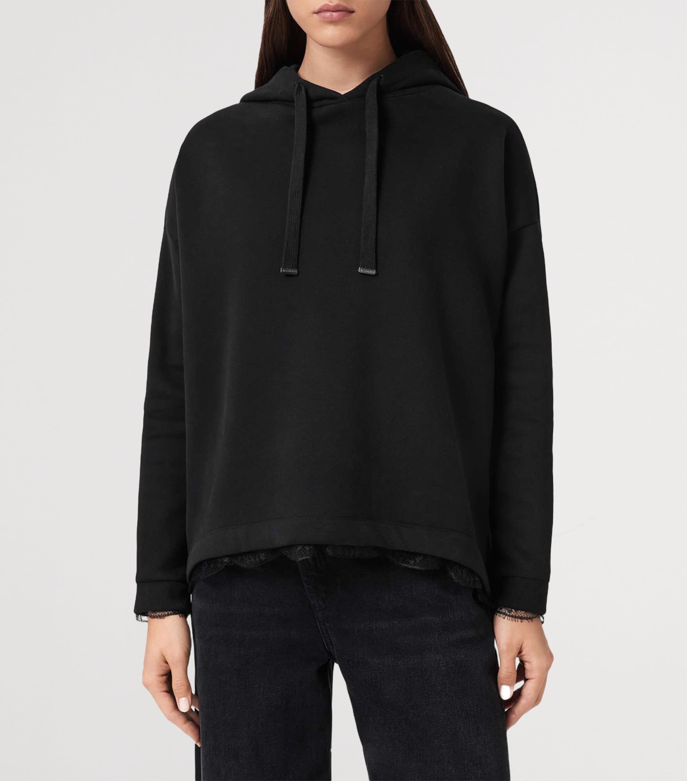 AllSaints Womens Lace-Trim Hoodie Black Image 3