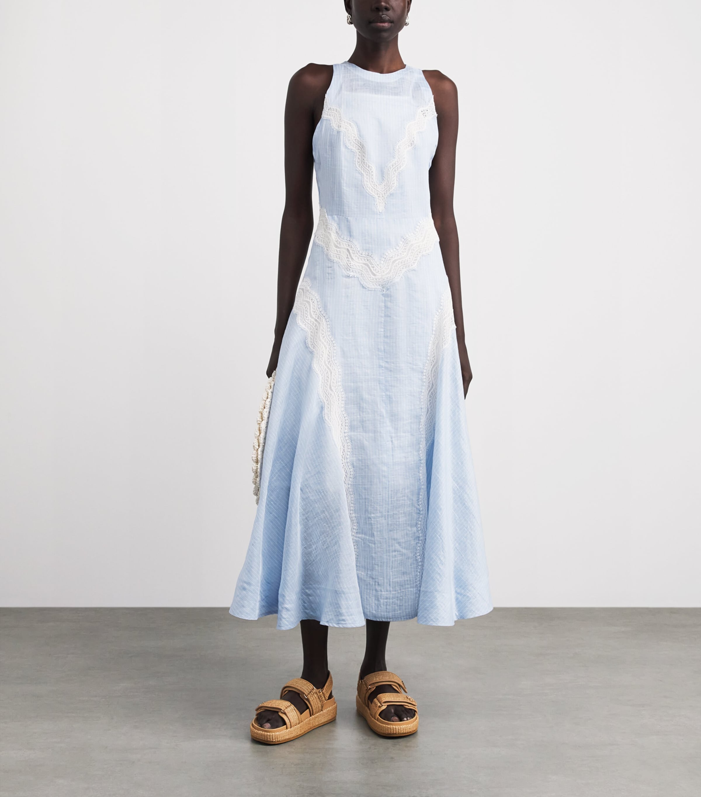 Sandro Paris Womens Lace-Panel Midi Dress Ciel / Blanc Image 2