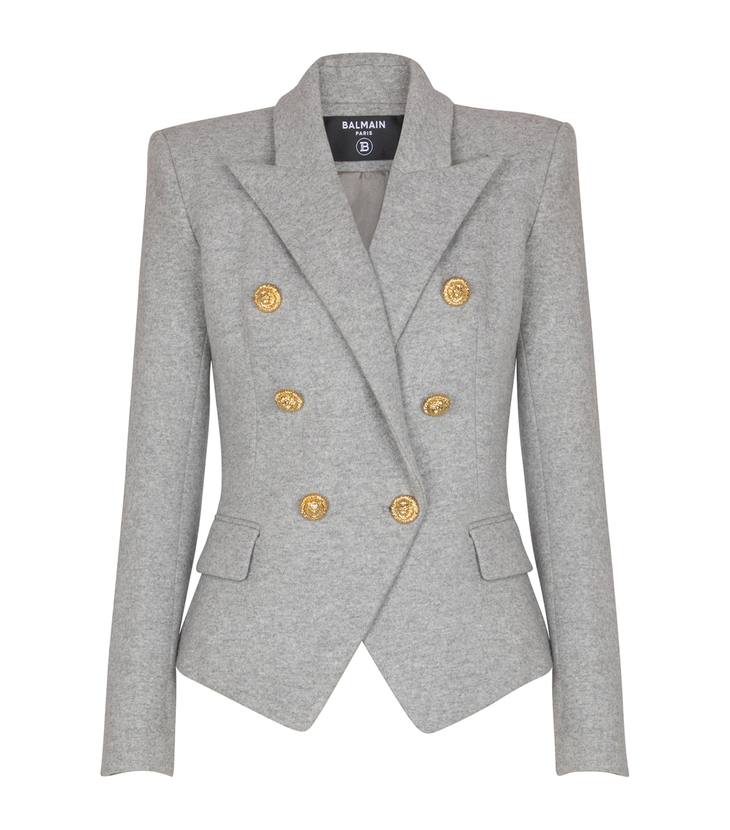 Balmain Wool-blend Jersey Double-breasted Blazer In Gray