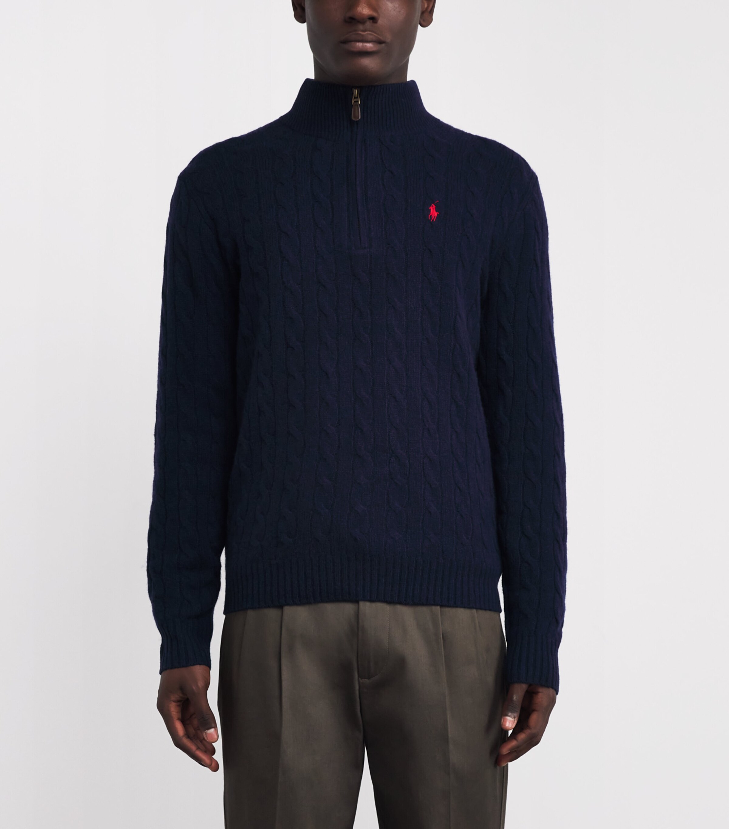 Polo Ralph Lauren Mens Wool-Cashmere Cable-Knit Quarter-Zip Sweater Blue Image 3