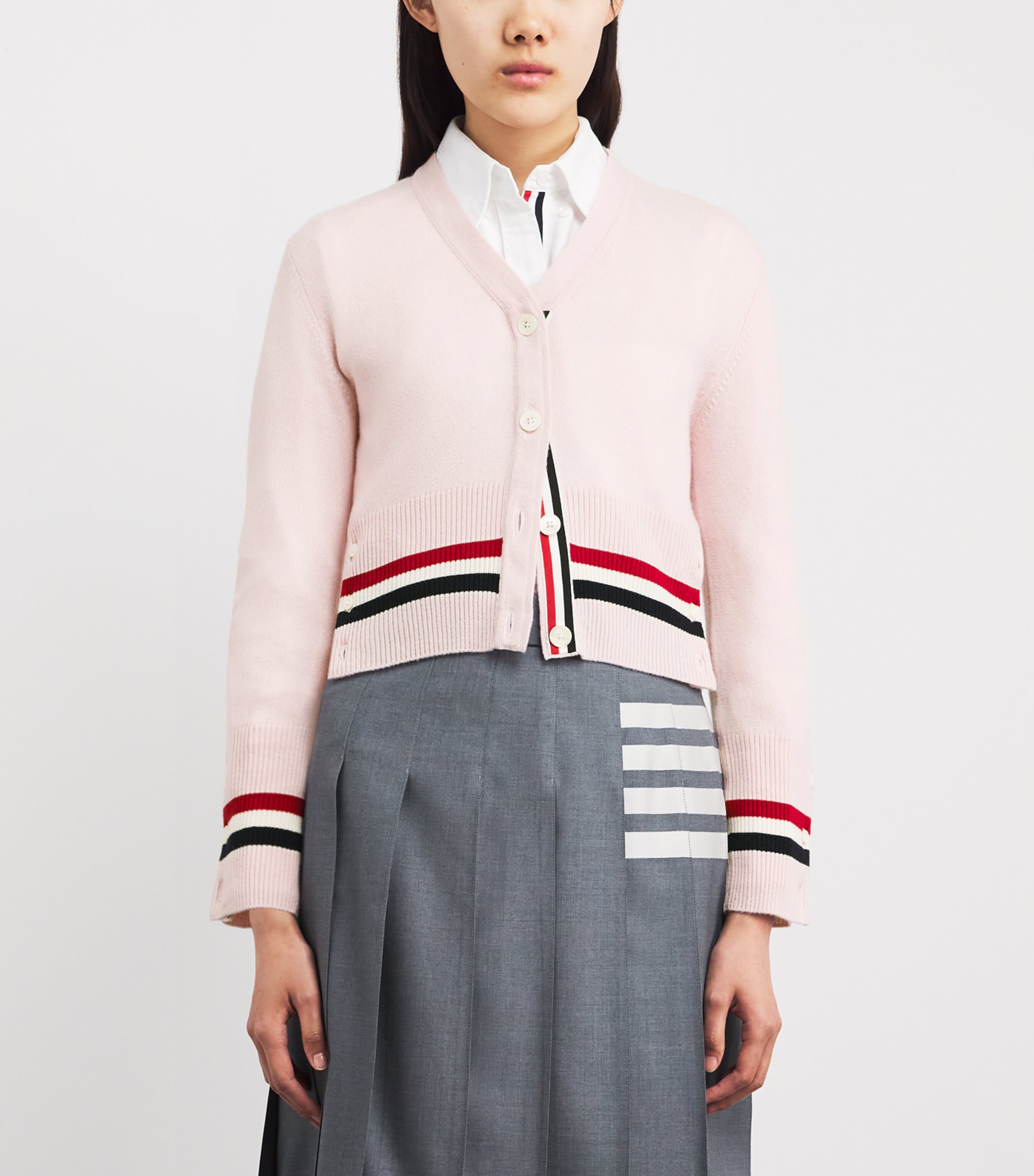 Thom Browne Womens Cashmere V-Neck Cardigan Light Pink Image 4