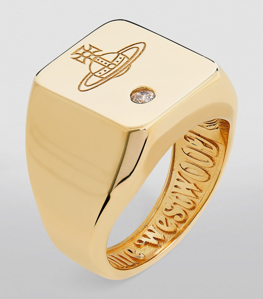 Sterling Silver and Crystal Carlo Orb Signet Ring R102- GOLD/WHITE CZ Image 2