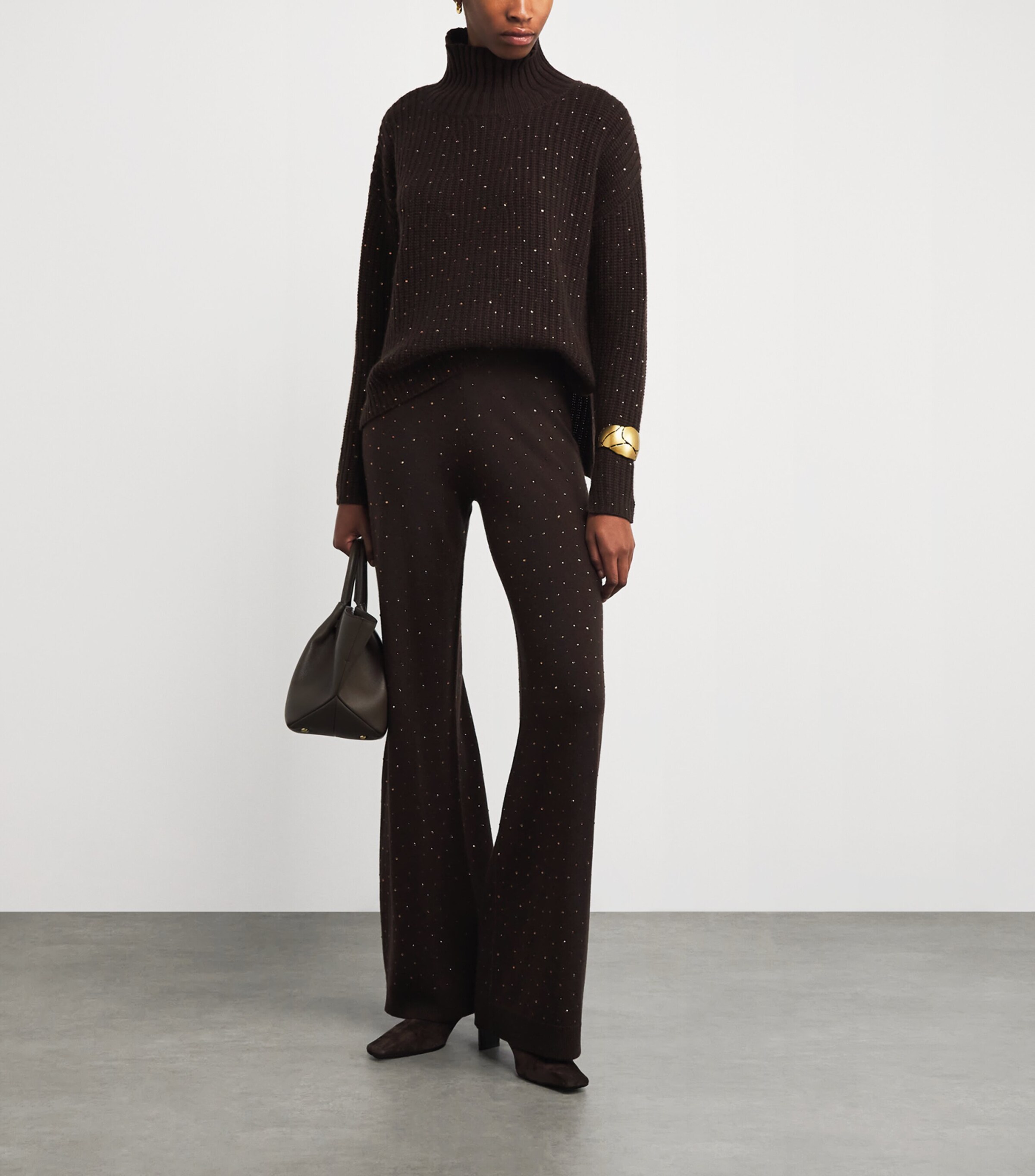 Allude Womens Wool-Cashmere Crystal-Embellished Sweater Chocolate Image 2