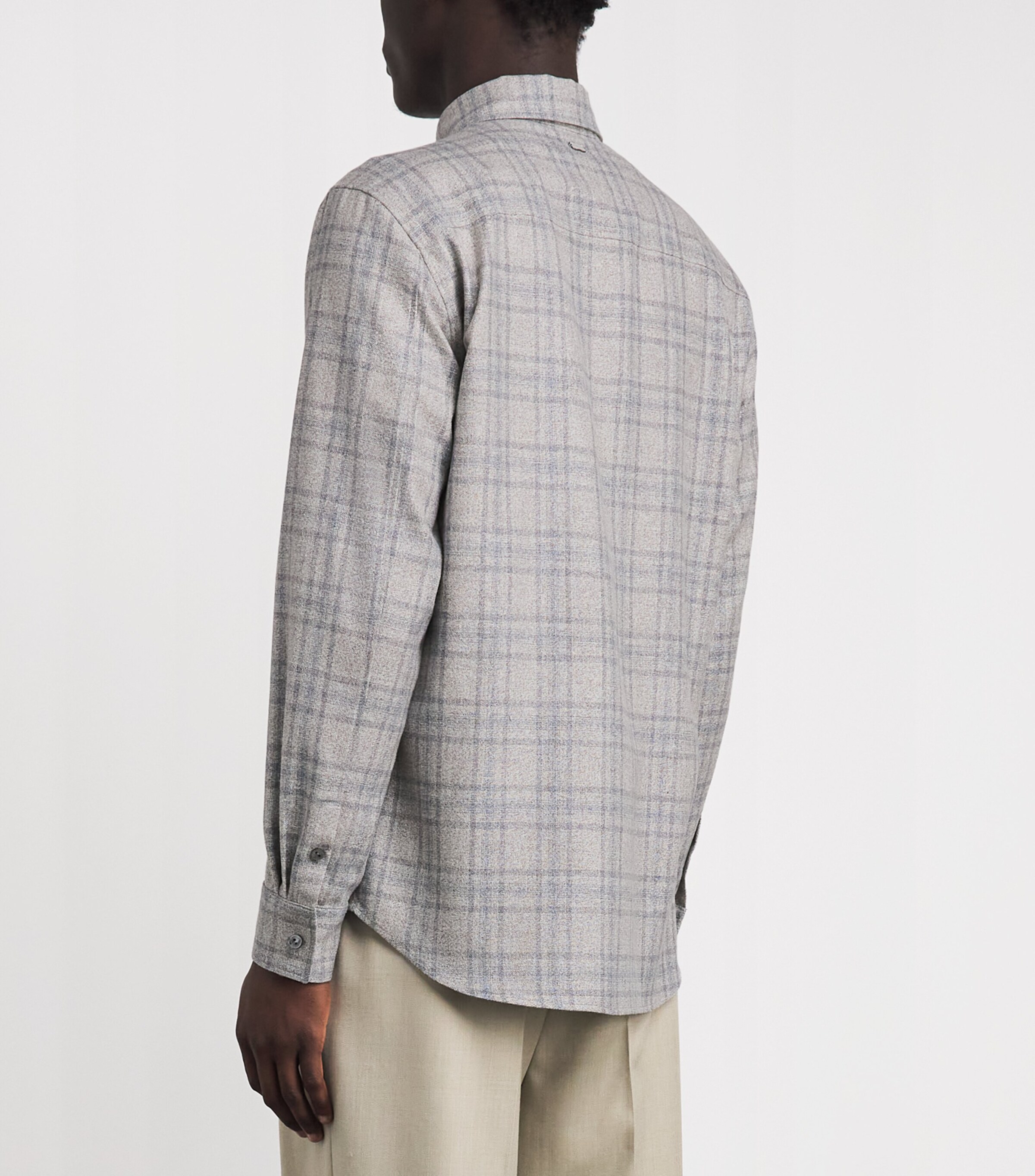 Agnona Mens Silk-Wool Check Shirt Grey Light Blue Image 5