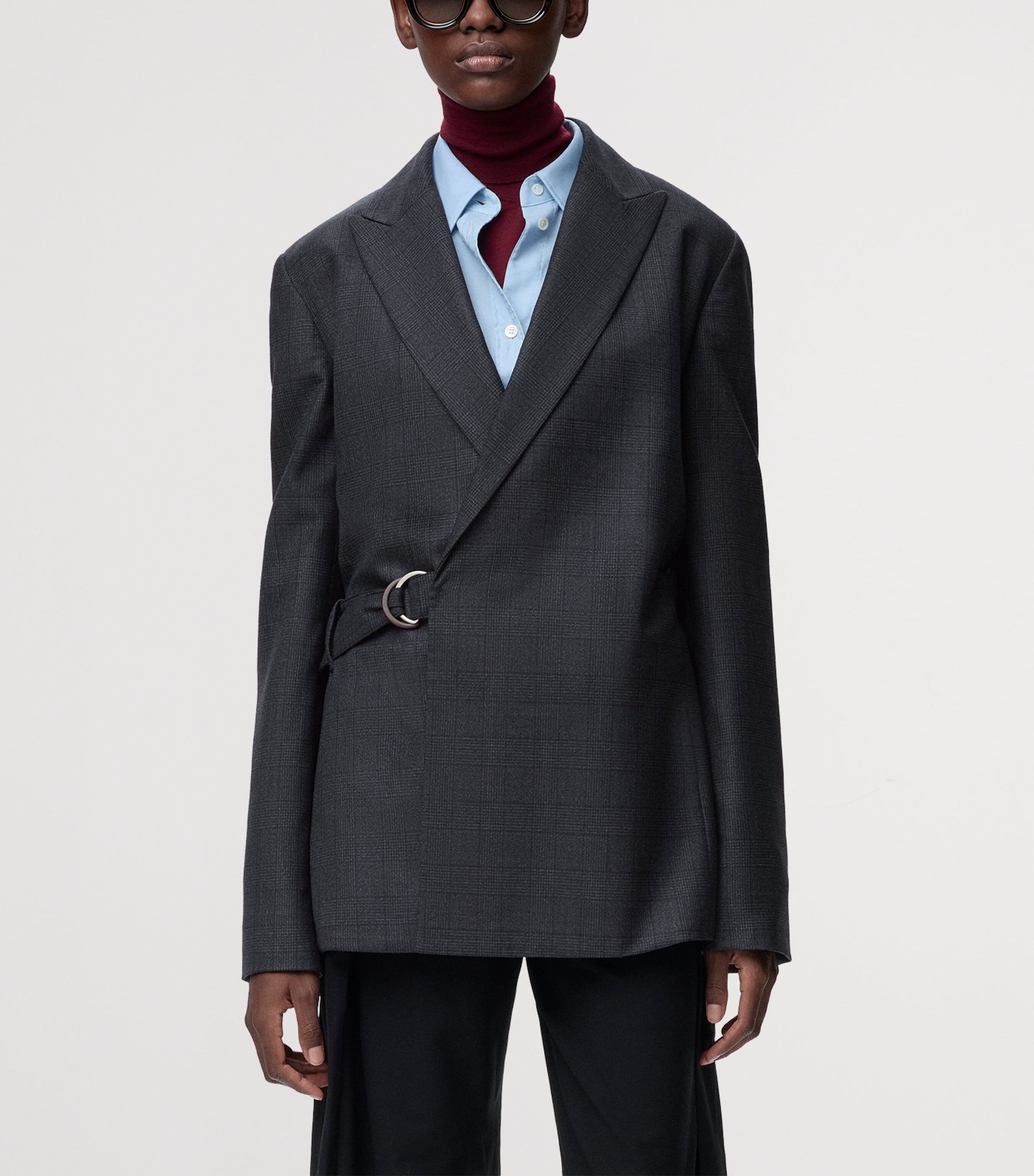 Wool Check Draped Blazer DARK GREY Image 3