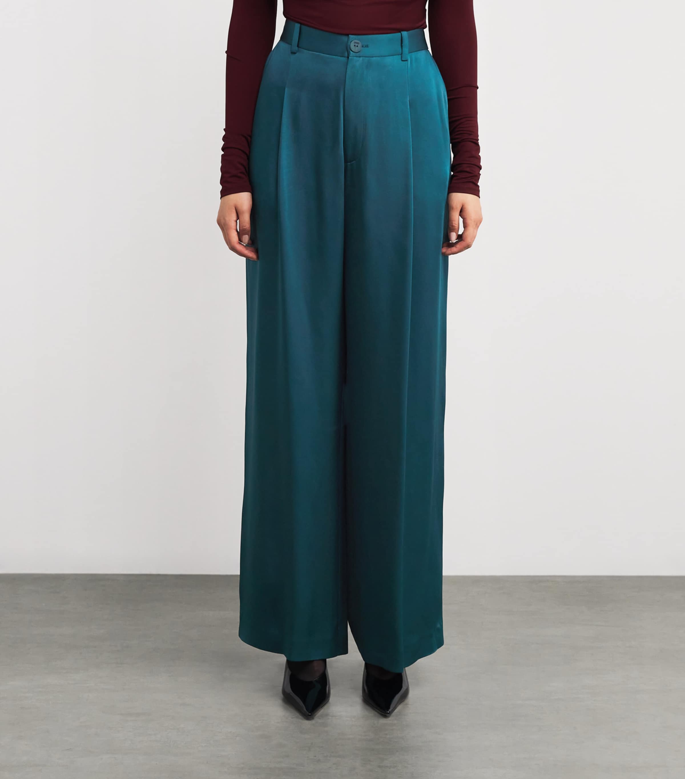 Satin Pleated Wide-Leg Trousers DARK TEAL Image 3