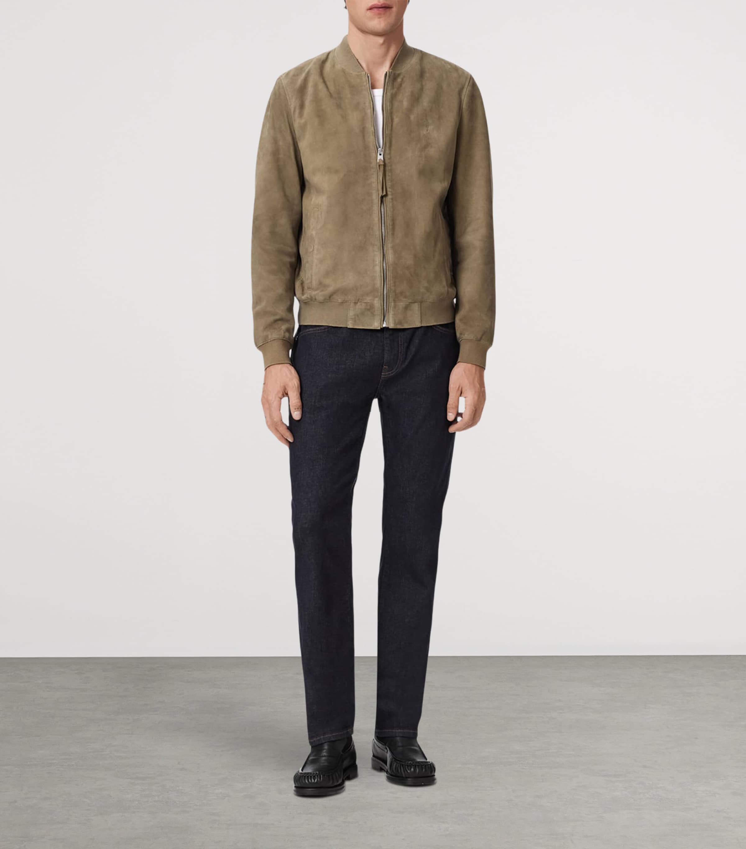 AllSaints Mens Suede Morten Bomber Jacket Olive Green Image 2