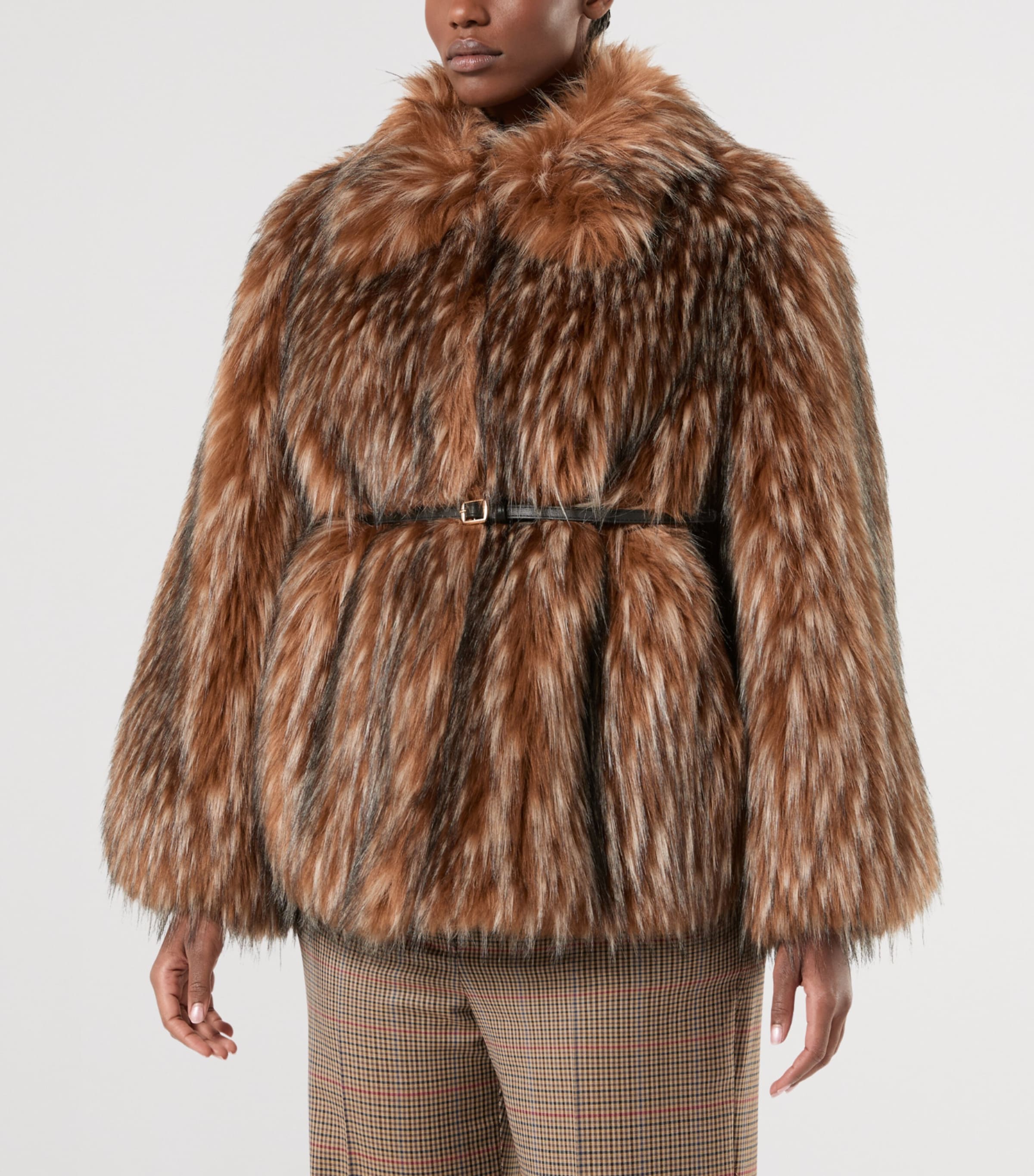 Marina Rinaldi Womens Faux Fur Belted Coat Camel Image 3