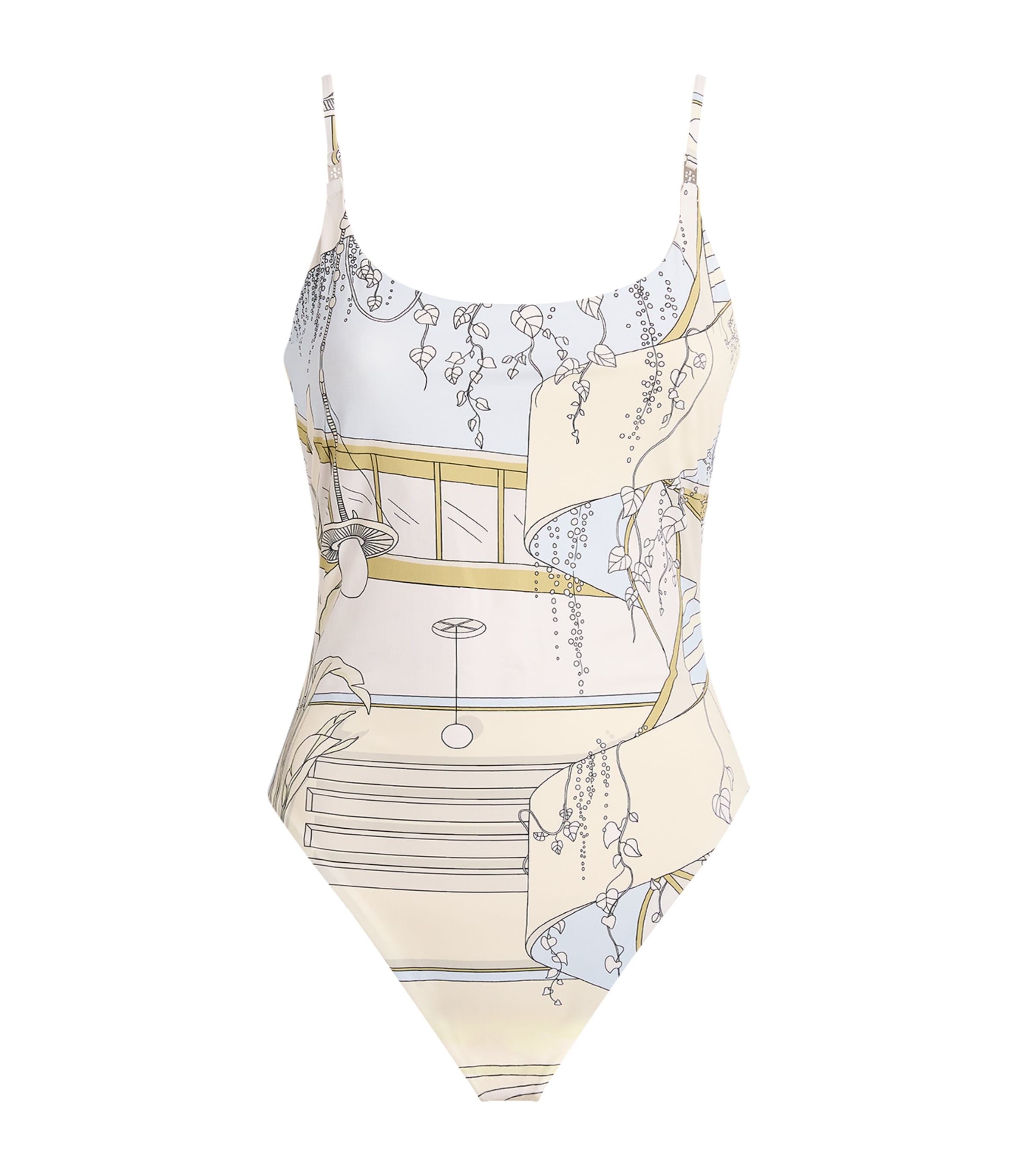 Tory Burch Womens Printed Low-Back Swimsuit The Pool Beige Image 1