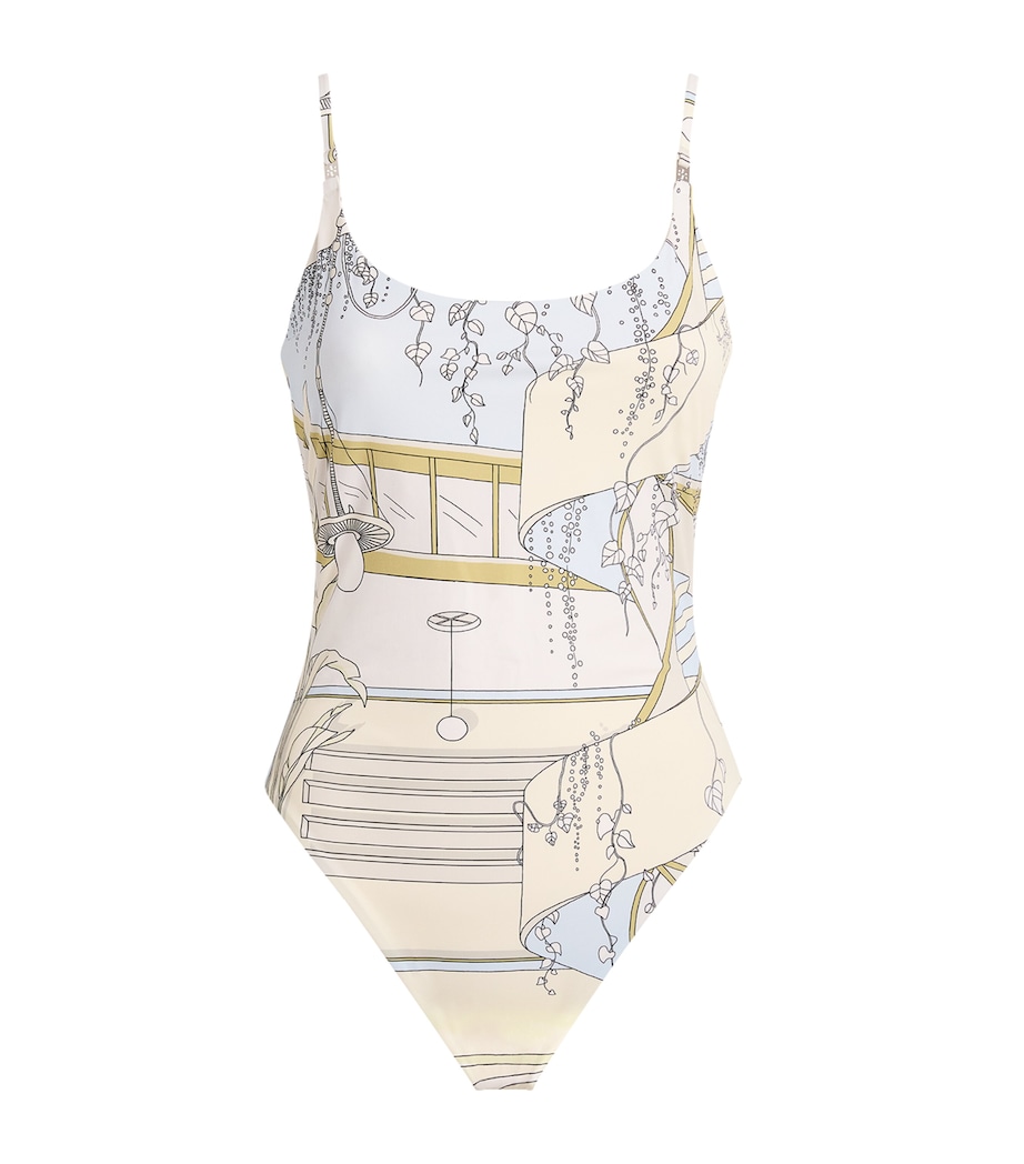 Tory Burch Womens Printed Low-Back Swimsuit The Pool Beige Image 1