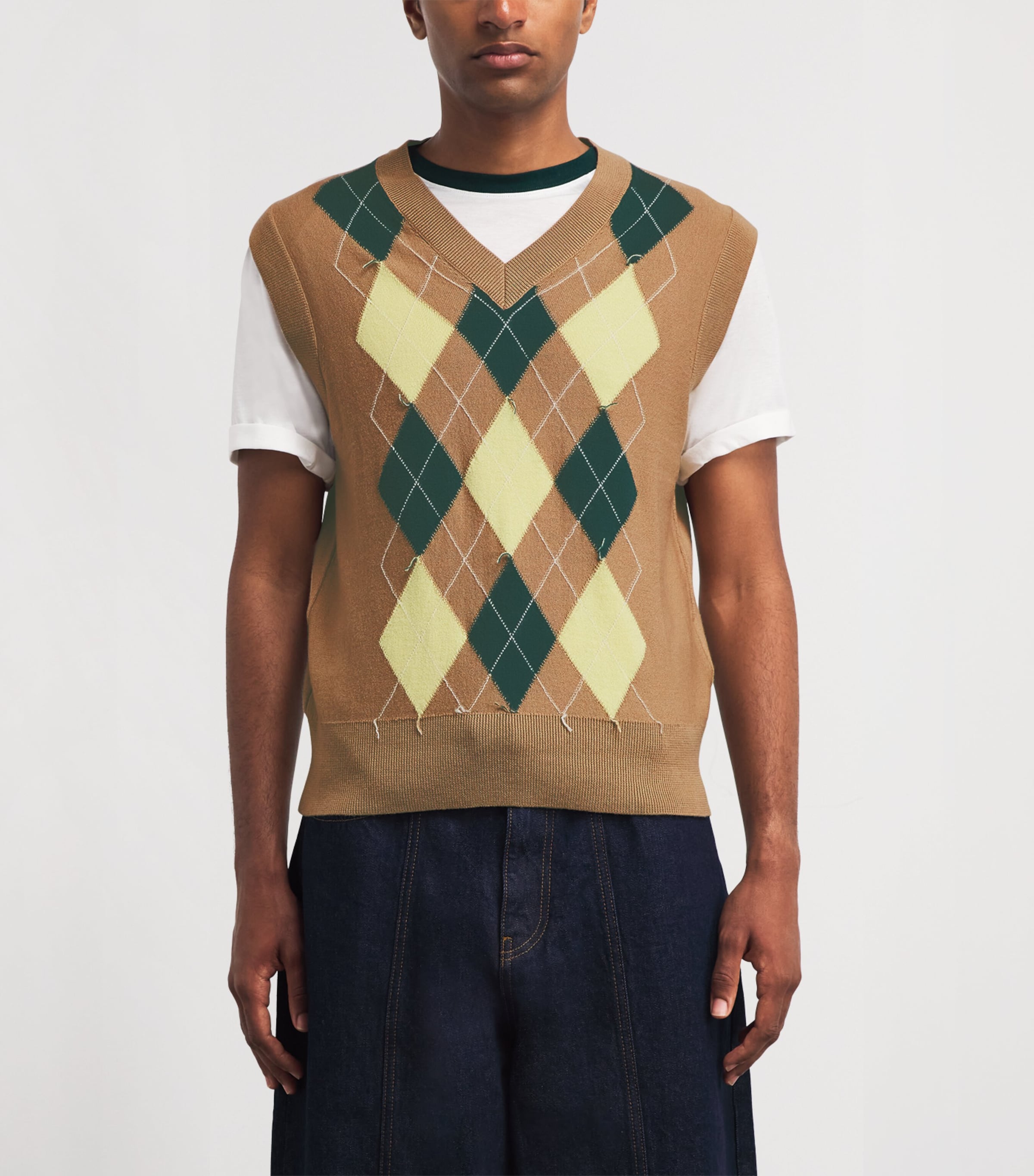 AMI Paris Mens Wool-Cotton Argyle Sweater Vest Camel/jaun/vert Image 4