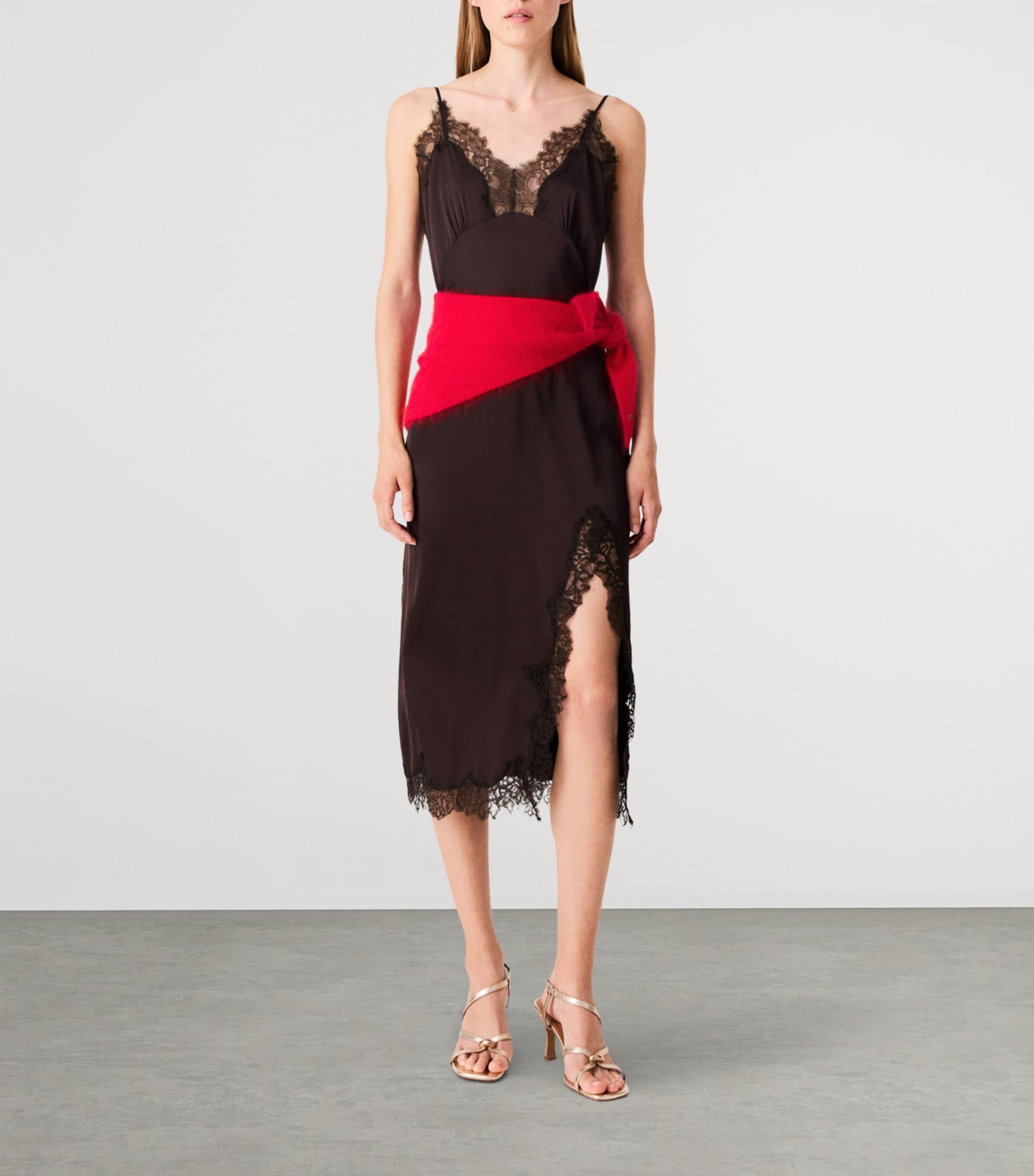 Maje Womens Lace-Trim Midi Dress Dark Brown Image 5