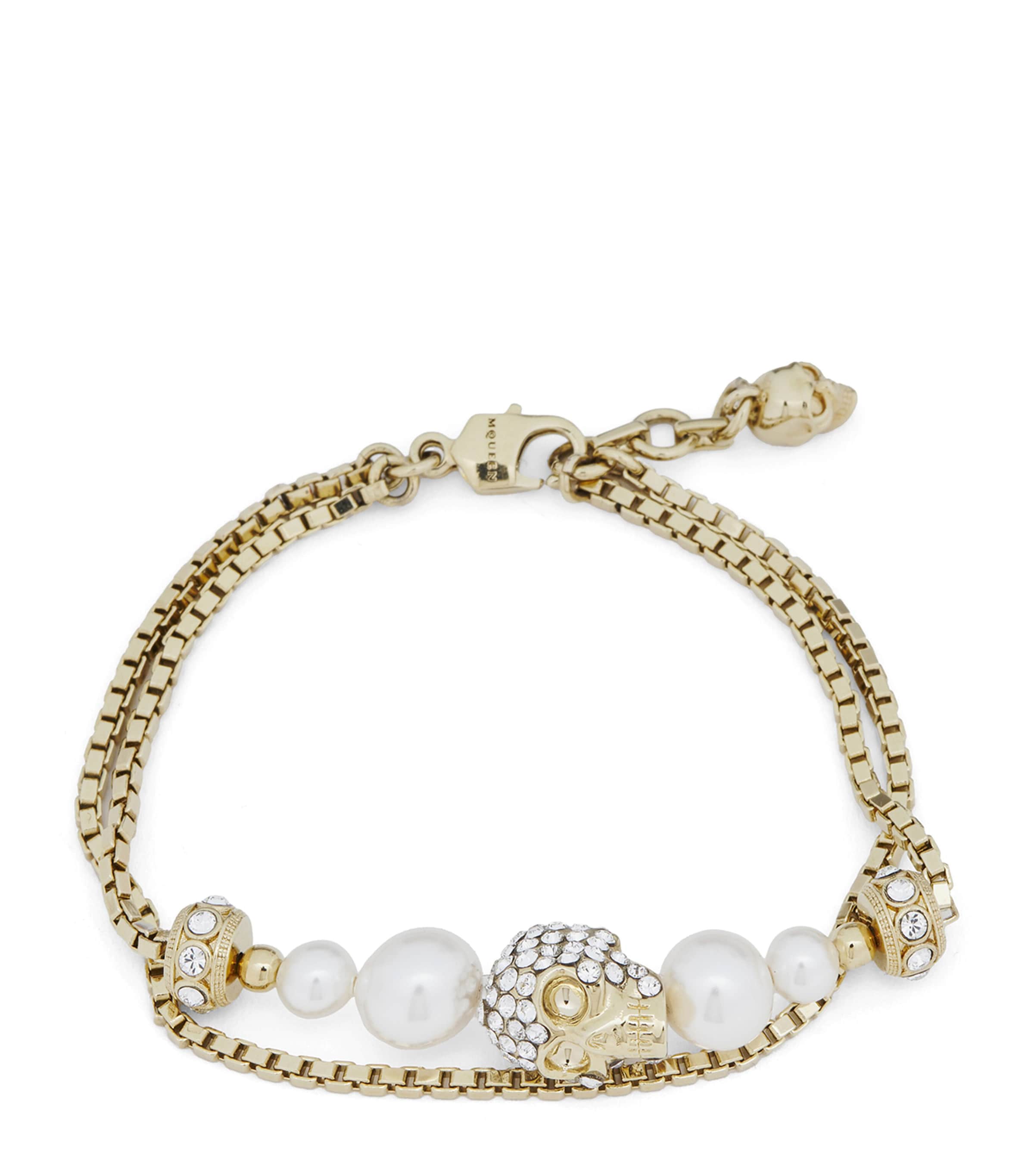 Alexander Mcqueen Faux Pearl And Skull Bracelet In Gold