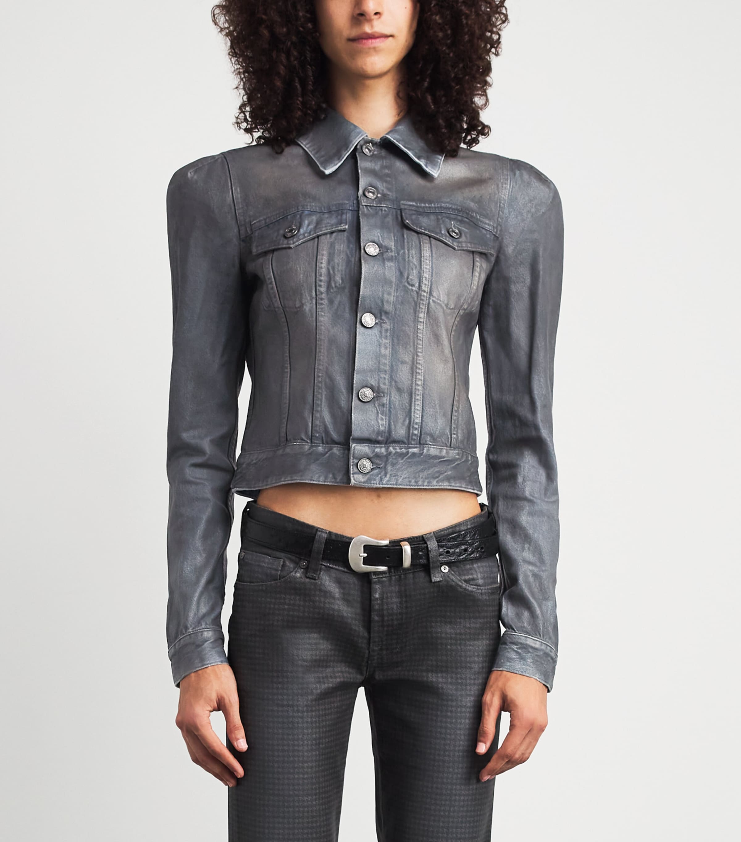 7 For All Mankind Womens Coated Denim Jacket Dark Grey Image 4