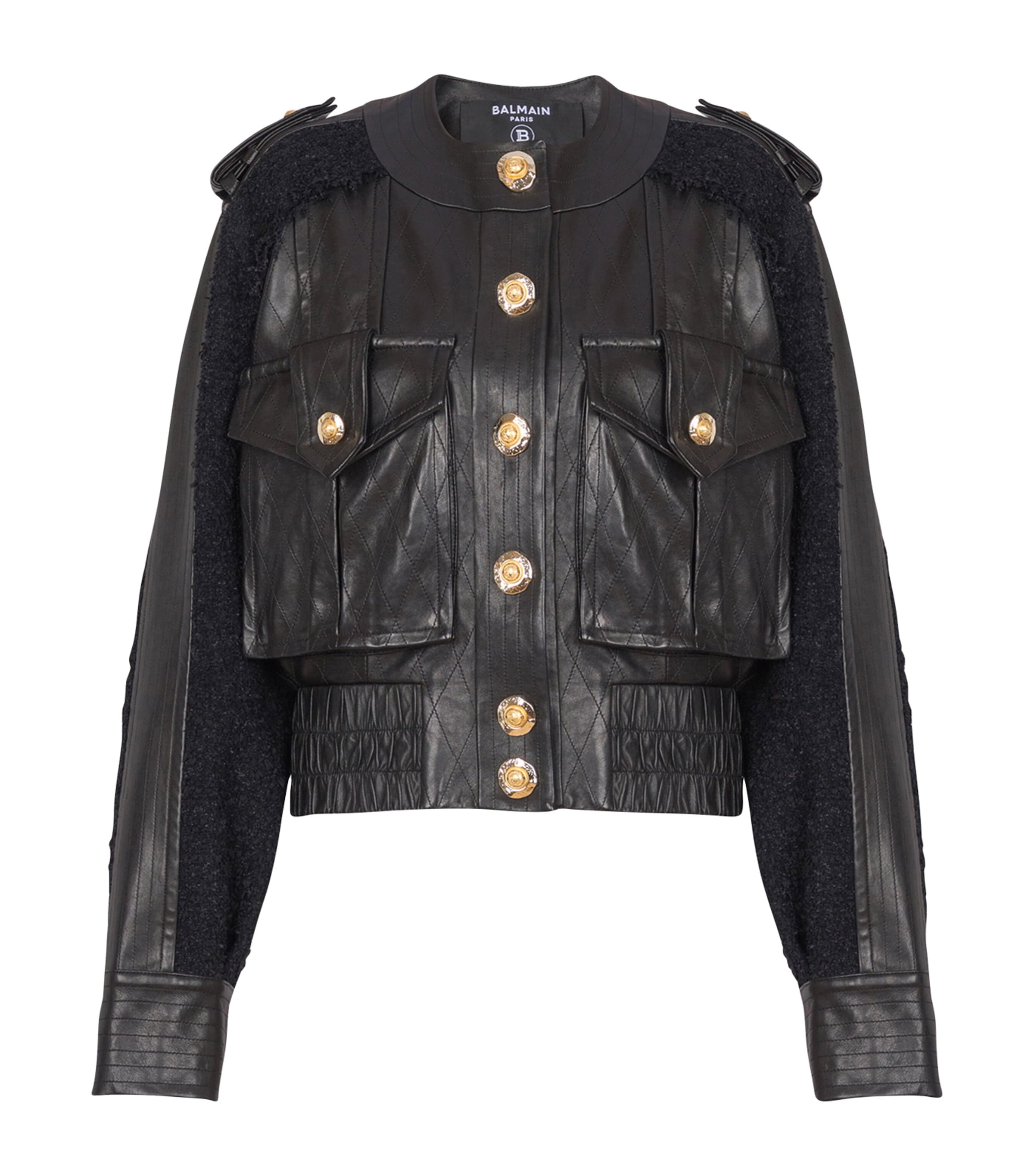 Shop Balmain Tweed-trim Leather Jacket