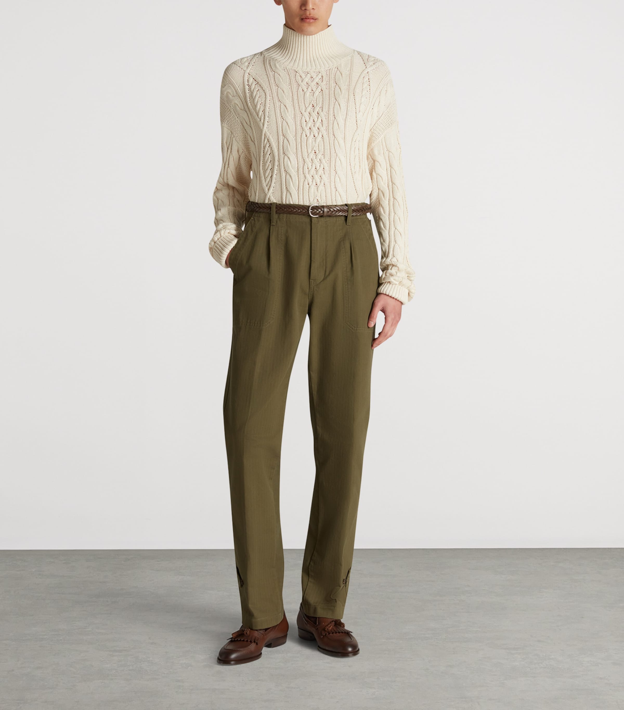 Cotton-Silk Aran Cable Sweater 101IVORY Image 2