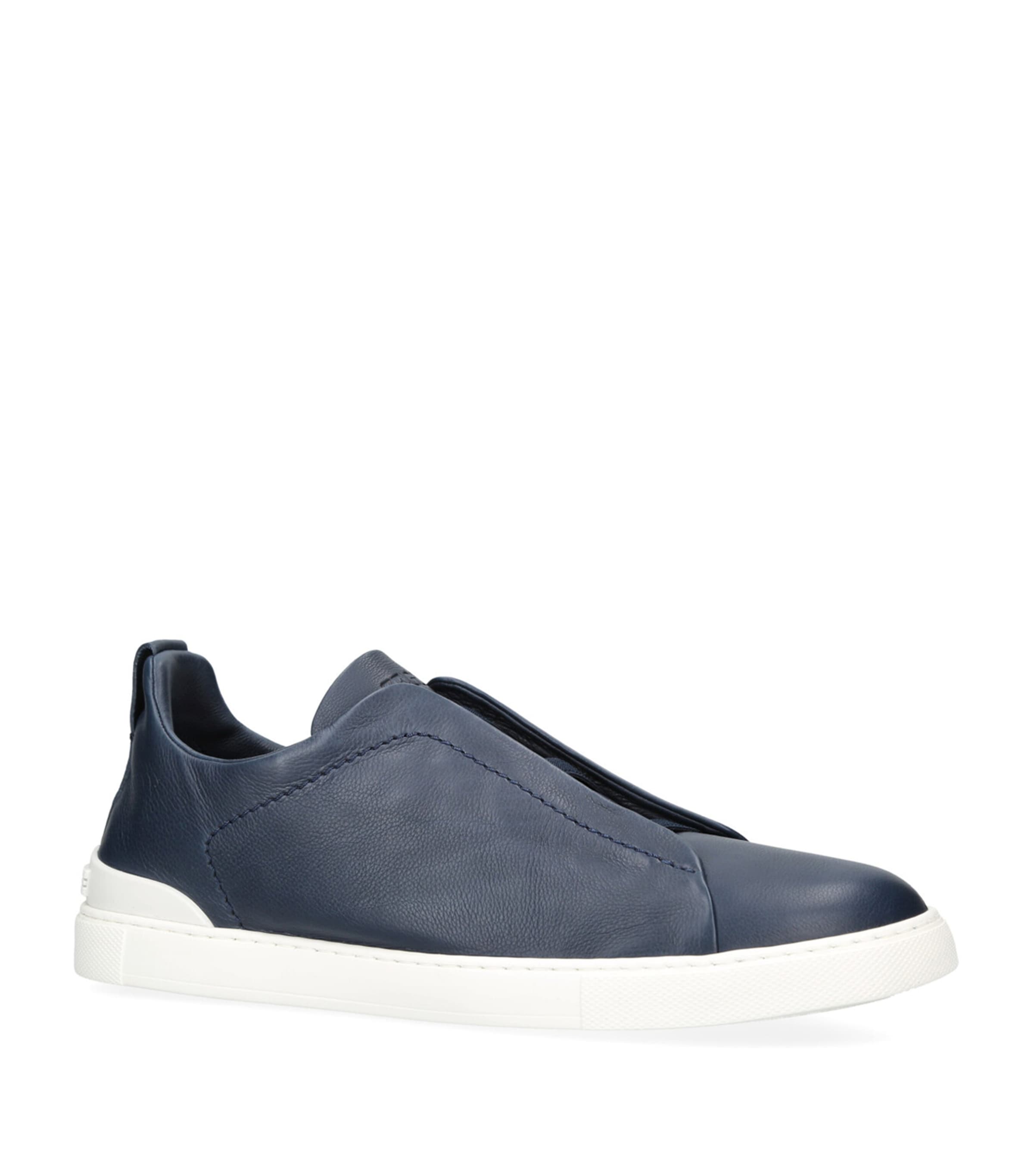 Zegna Leather Triple Stitch SECONDSKIN Sneakers Navy Image 3