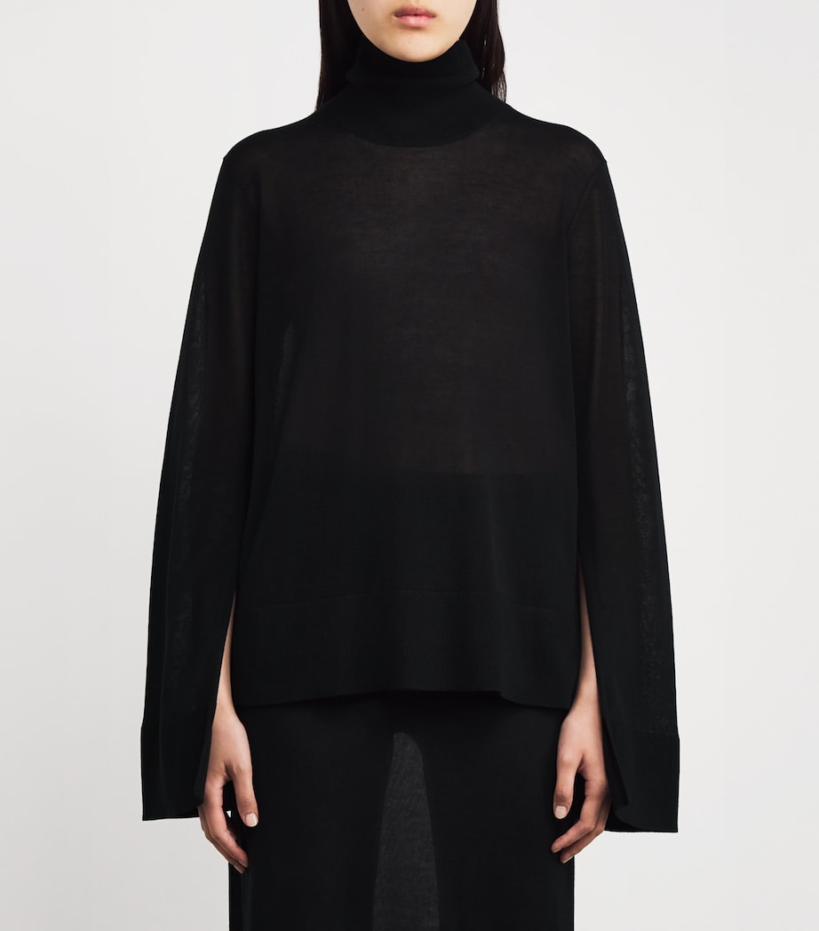 Semi-Sheer Split-Sleeve Rollneck Top 001 BLACK Image 3
