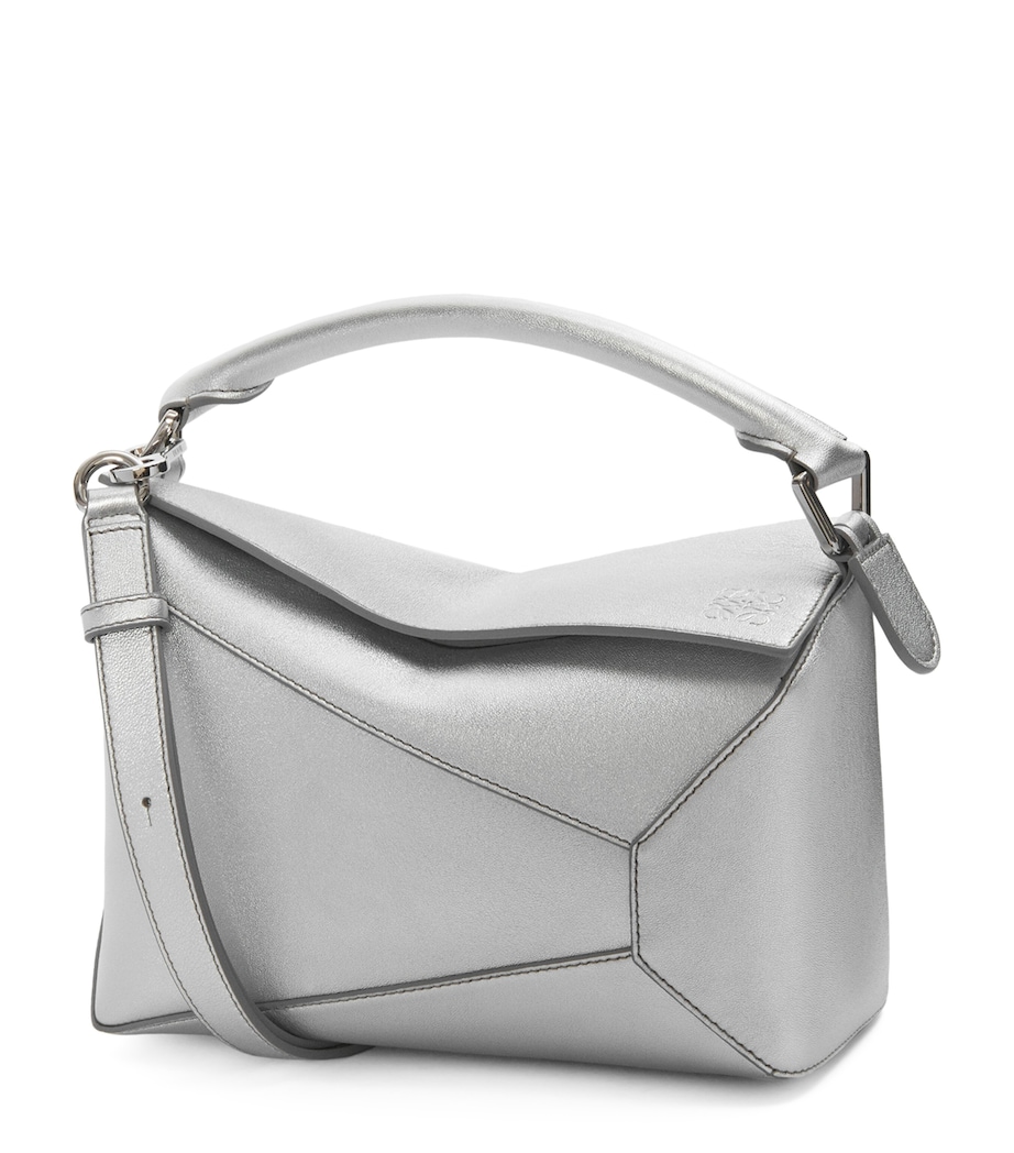 Small Metallic Leather Puzzle Top-Handle Bag SILVER Image 1