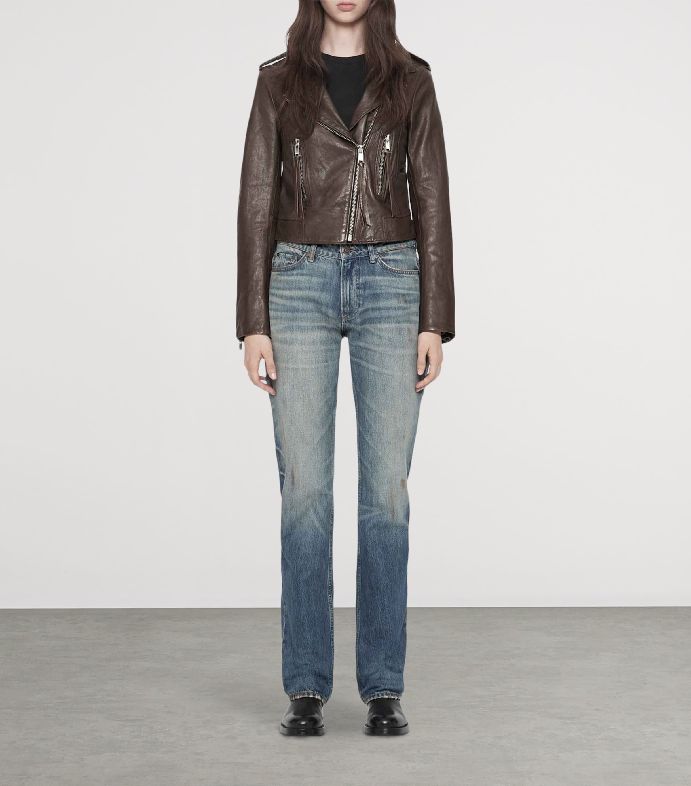 AllSaints Womens Errie Leather Biker Jacket Olive Brown Image 2