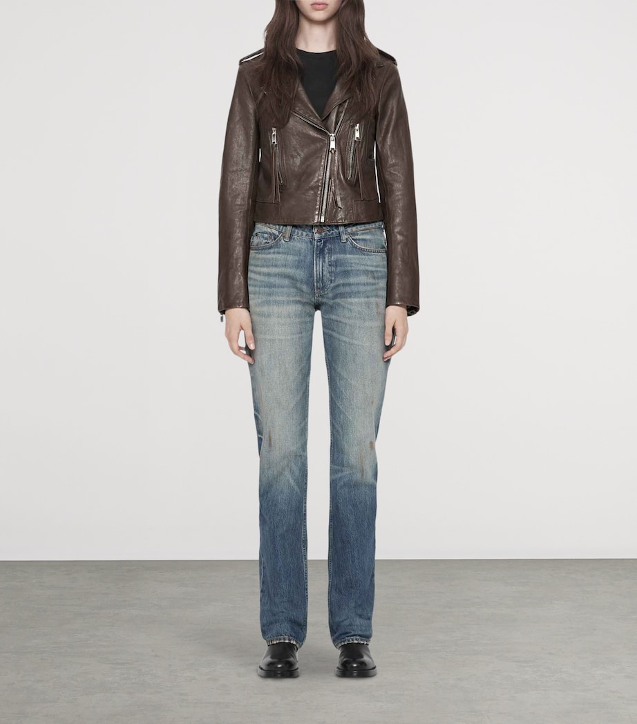 AllSaints Womens Errie Leather Biker Jacket Olive Brown Image 2