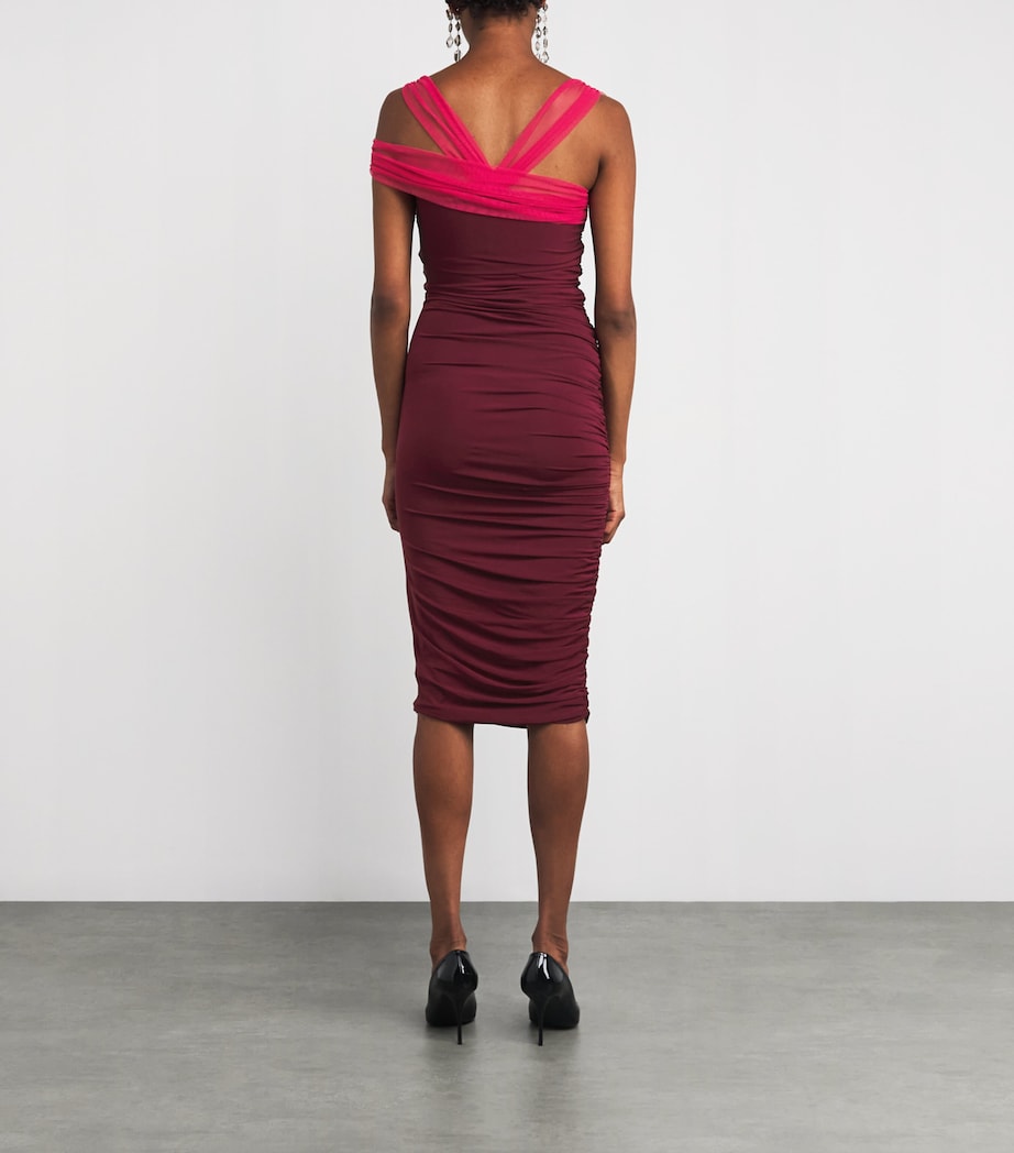 Tulle-Trim Ruched Midi Dress BURGUNDY / FUCHSIA Image 3