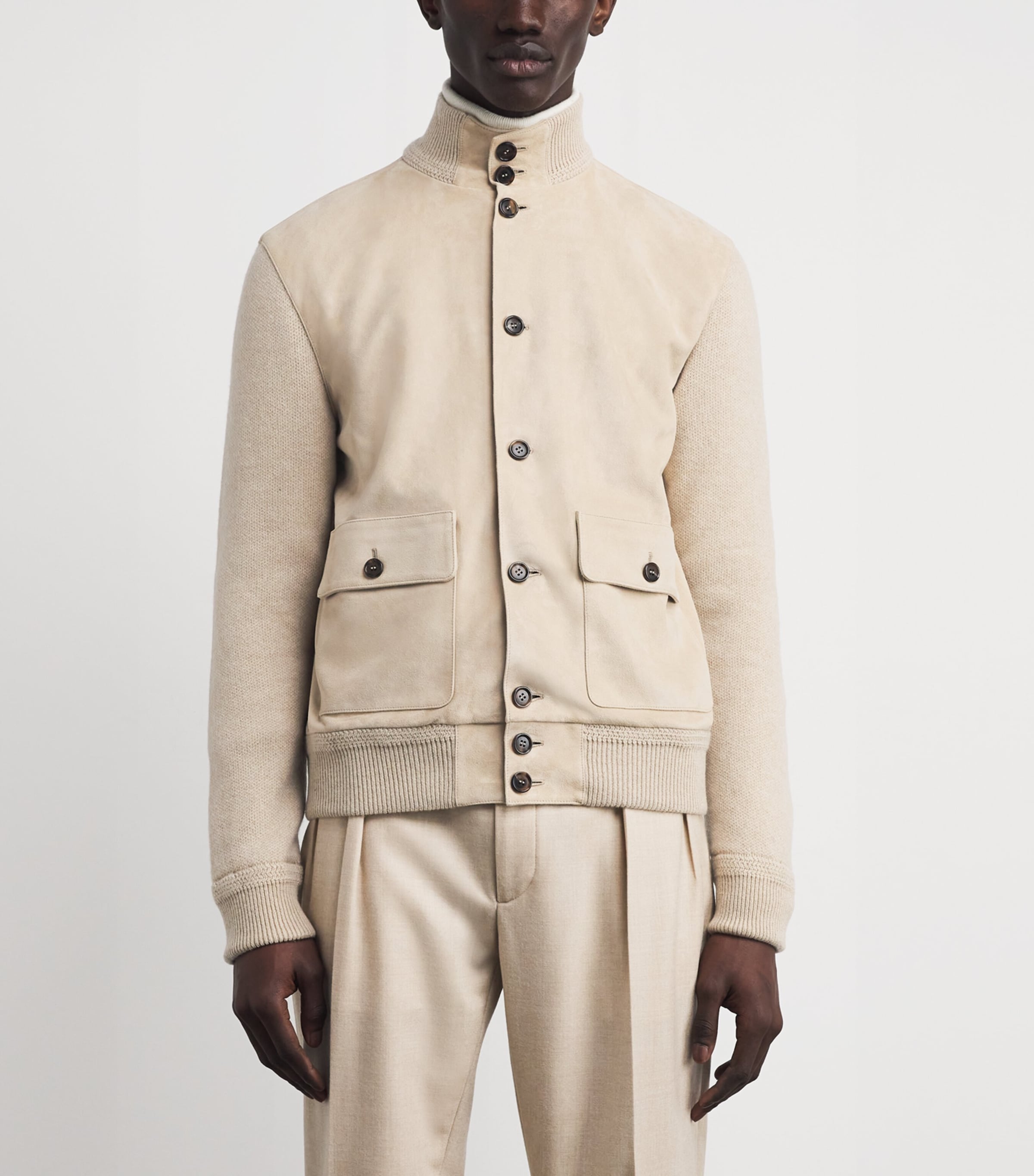 Suede-Front Cashmere Cardigan CHAMPAGNE Image 3