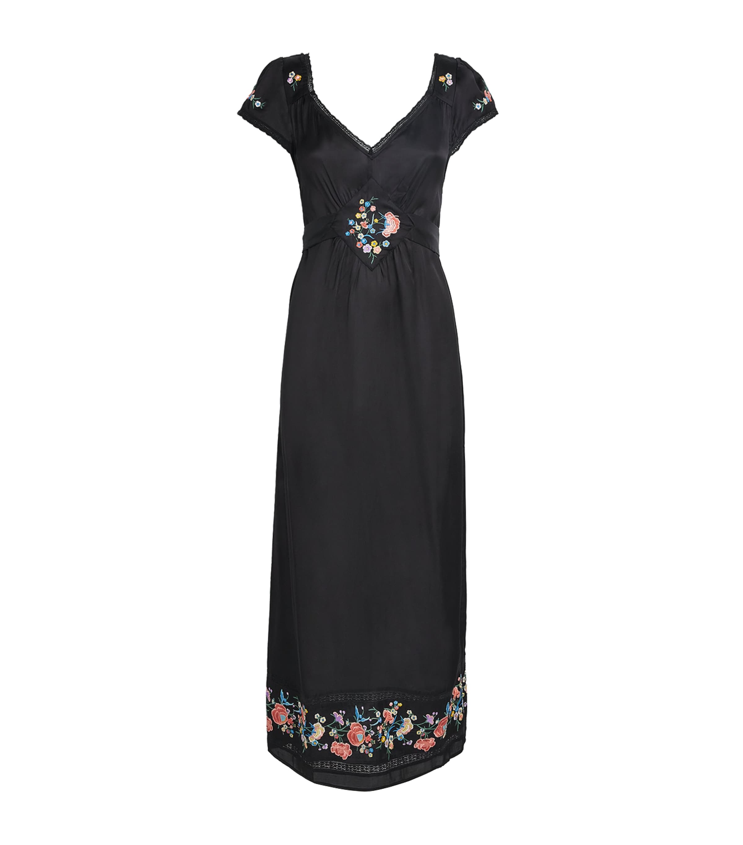 Rixo London Satin Embroidered Carey Midi Dress In Black