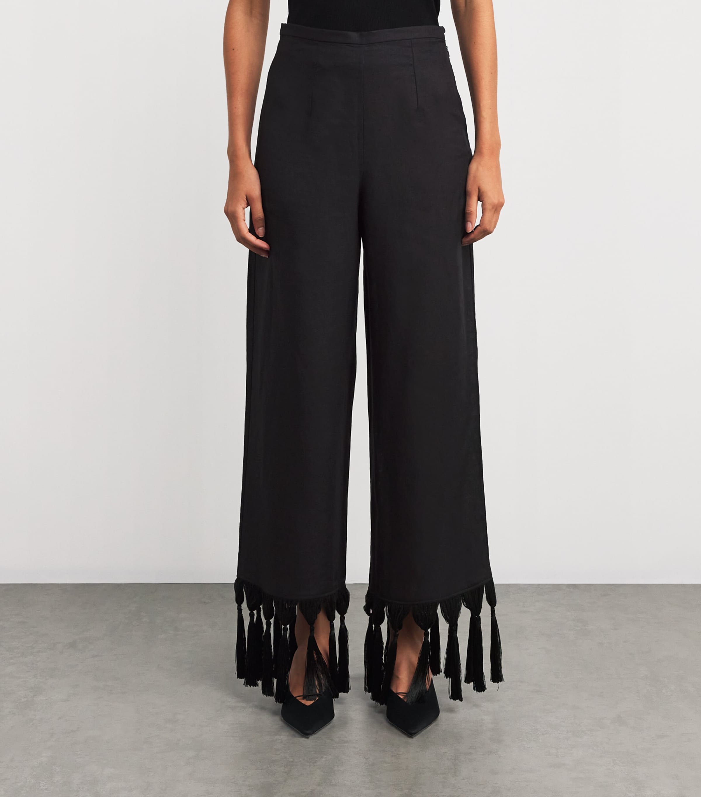 Linen Fringe-Trim Marlino Trousers BLACK Image 3