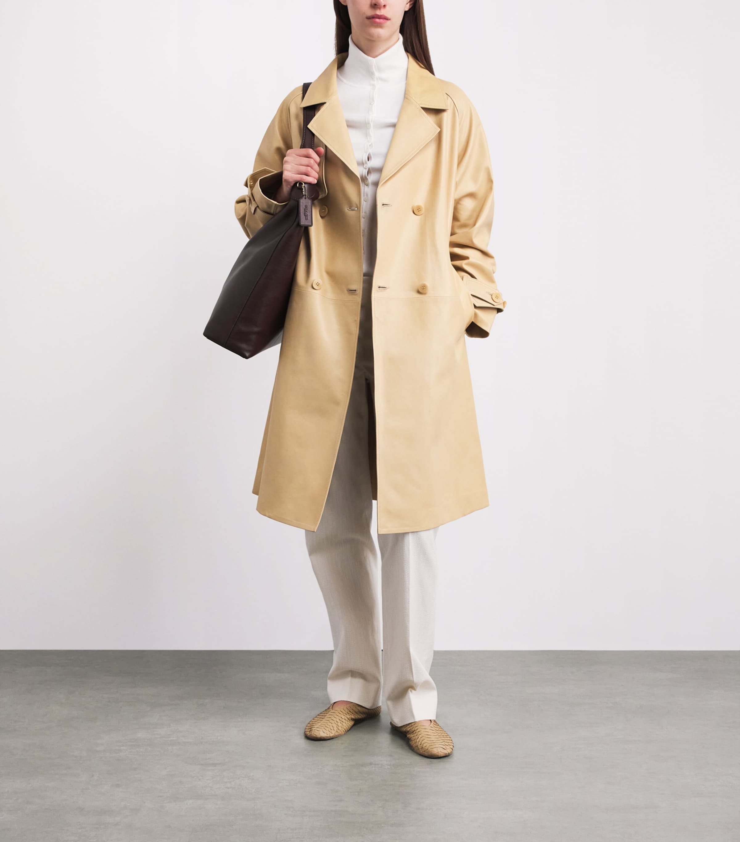NOUR HAMMOUR Womens Leather Butter Trench Coat Beurre Image 2