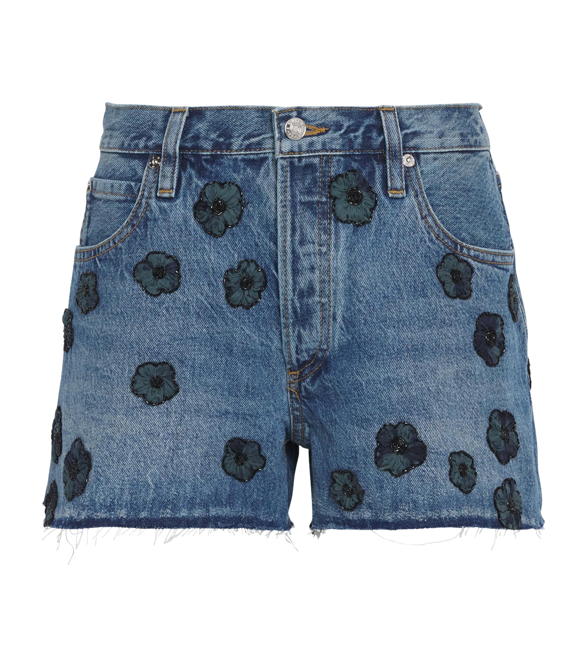 Frame The Hang Embellished Denim Shorts In Blue