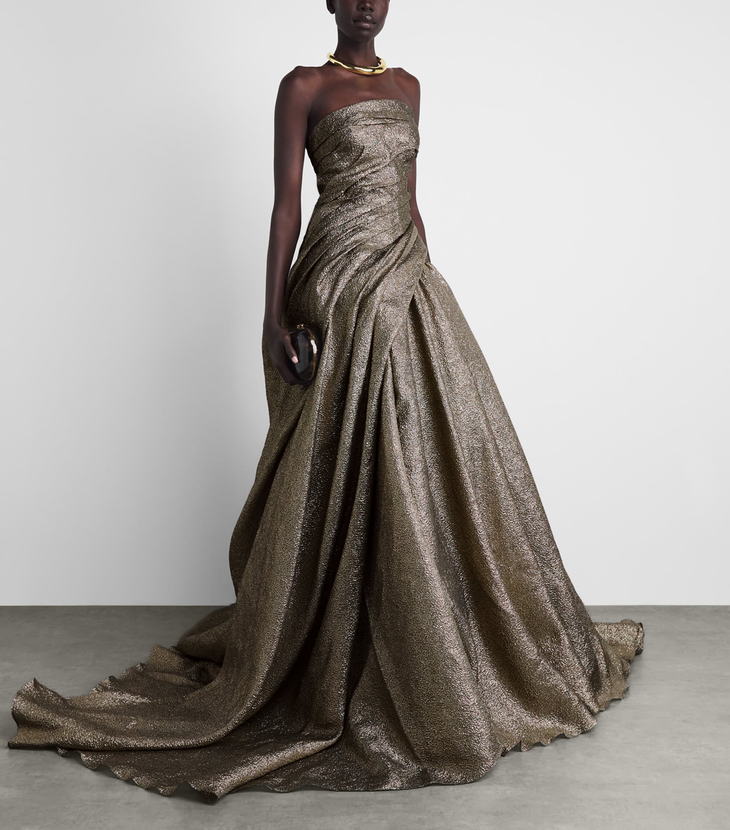 Marmar Halim Womens Metallic Strapless Draped Gown Olive Green Image 2