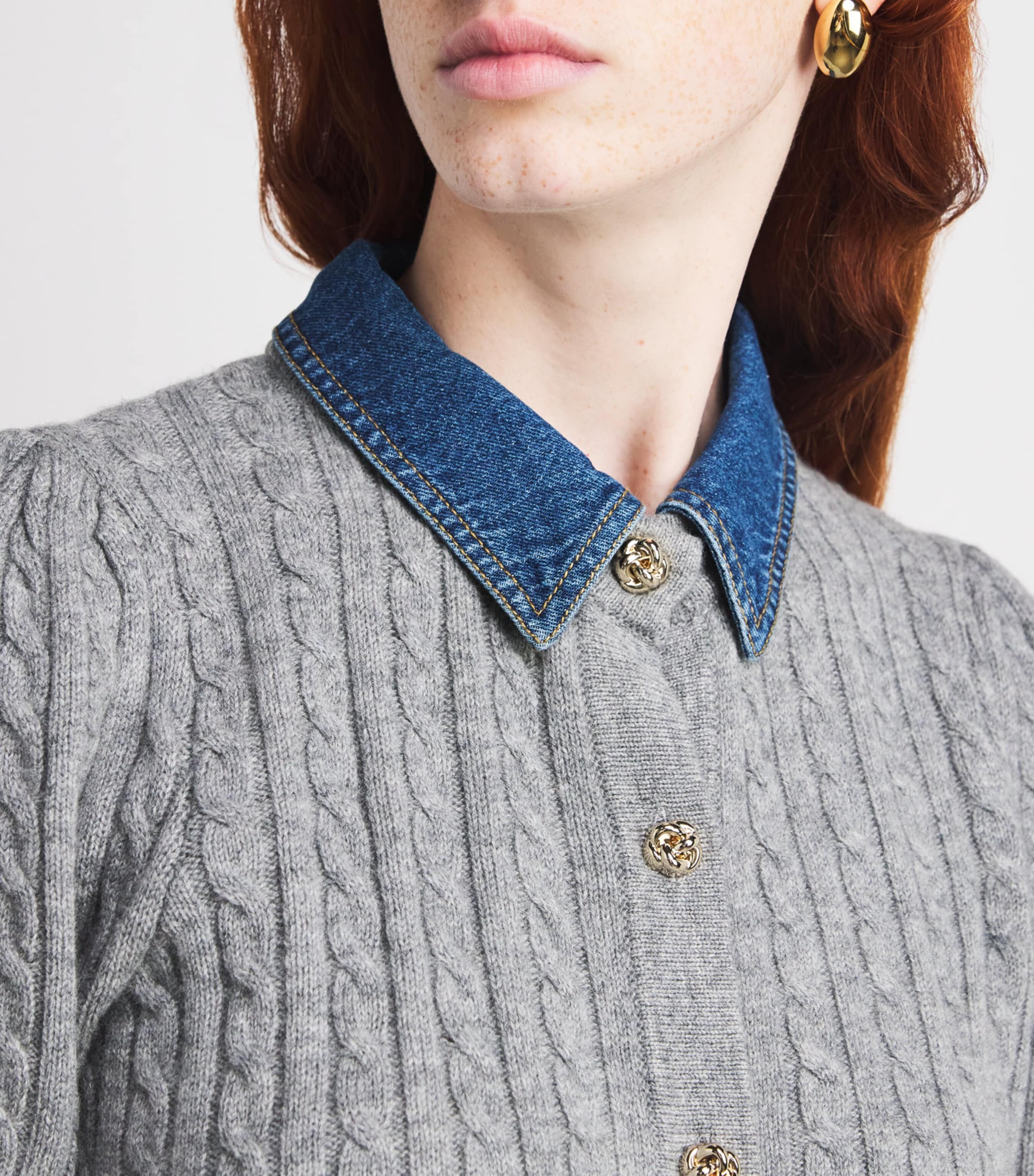 Wool-Cashmere Denim-Collar Cardigan GREY Image 6